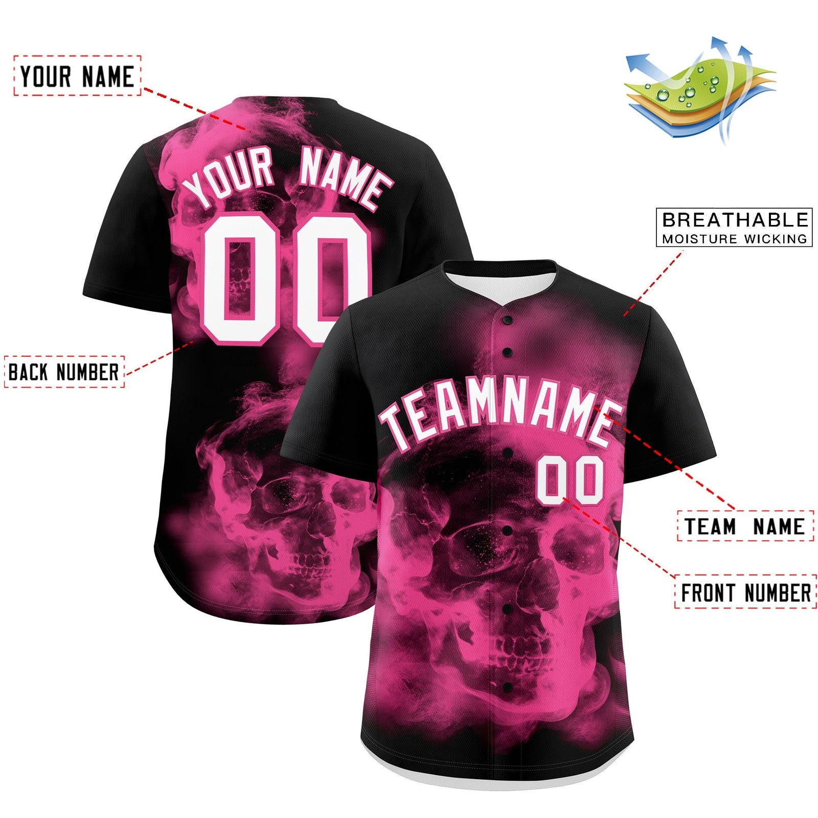 Custom Black Pink White skeleton Graffiti Pattern Quick Dry Baseball Jersey| KXKSHOP
