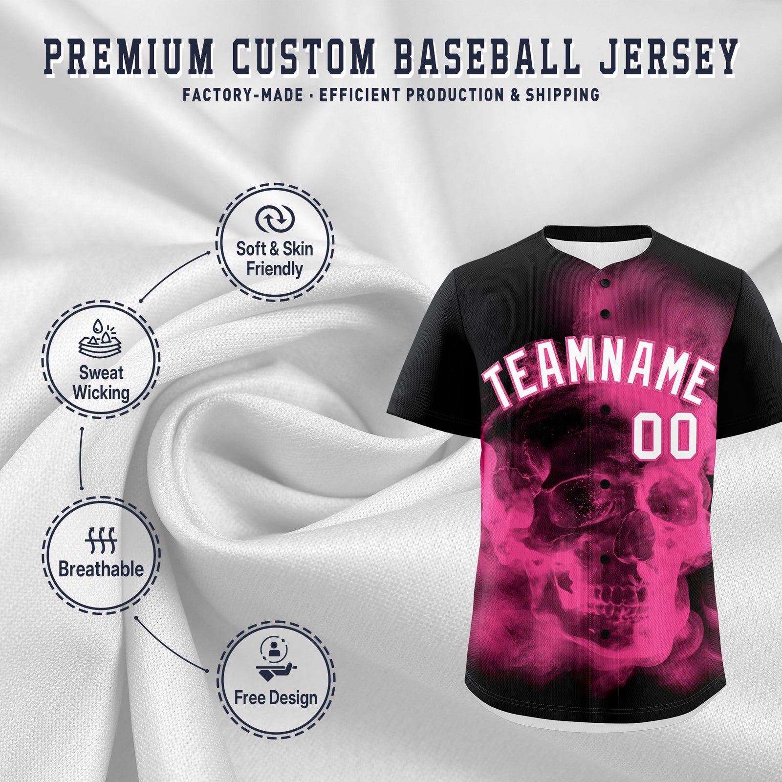 Custom Black Pink White skeleton Graffiti Pattern Quick Dry Baseball Jersey| KXKSHOP