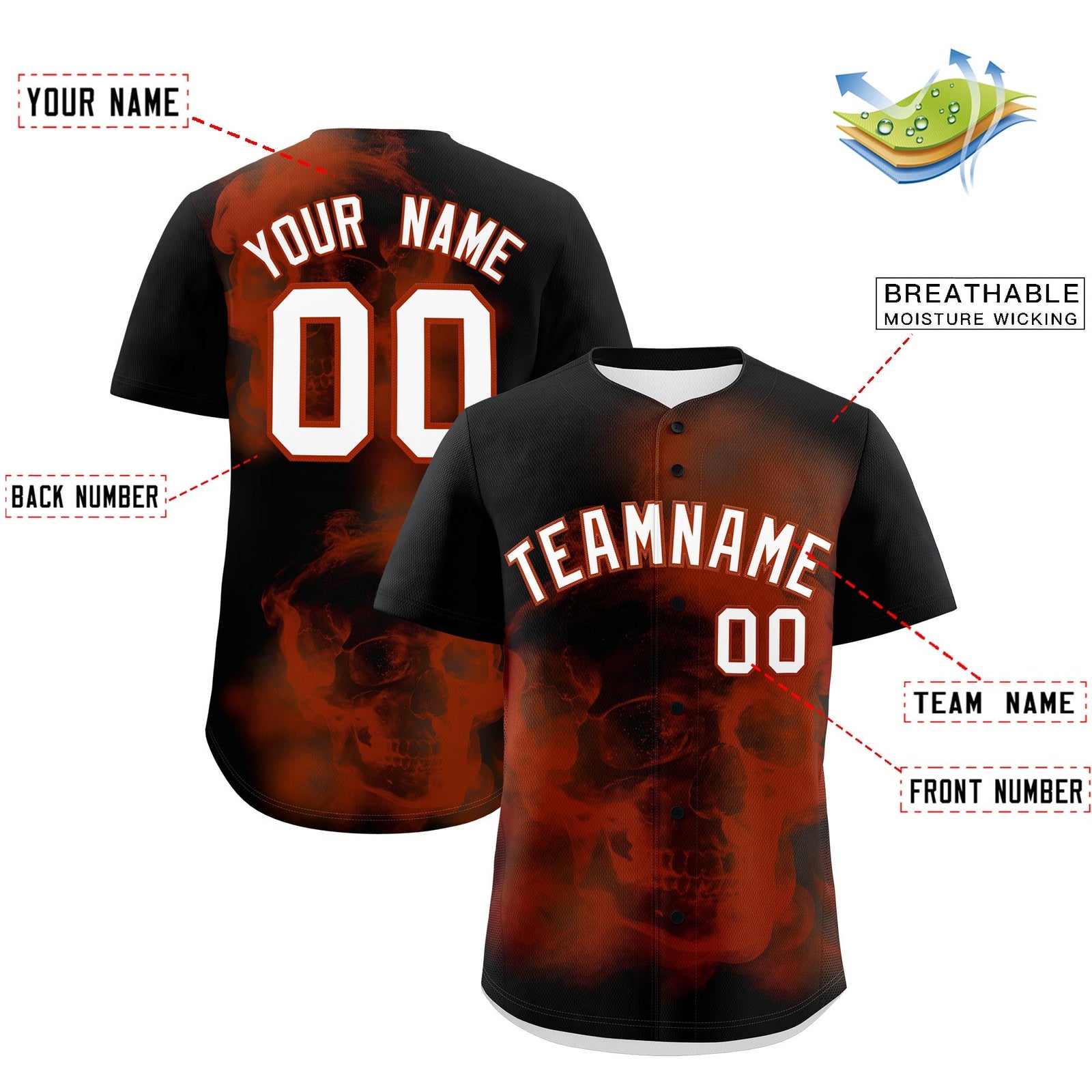Custom Black Dark Orange White skeleton Graffiti Pattern Quick Dry Baseball Jersey| KXKSHOP