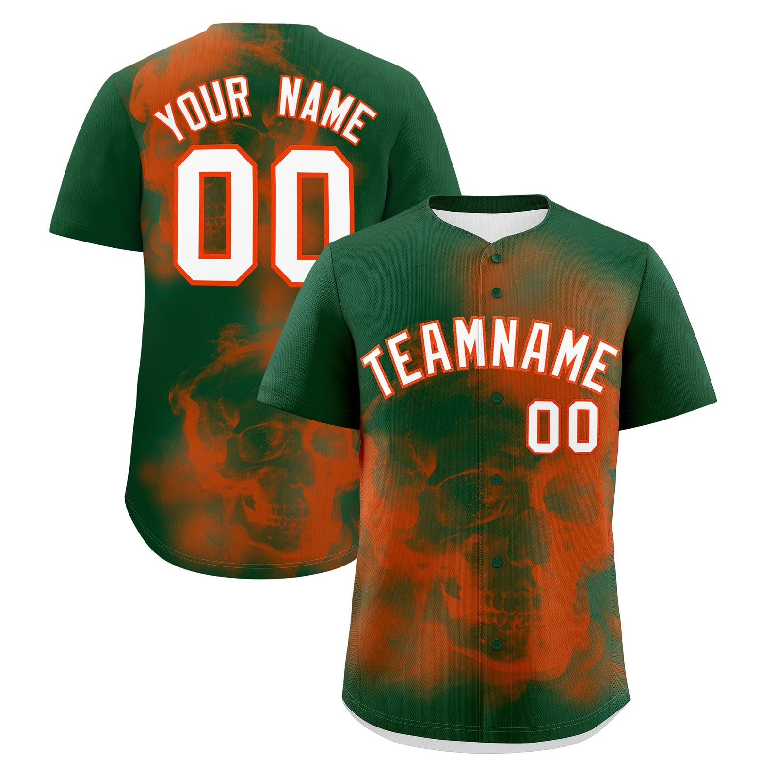 Custom Dark Green Orange White skeleton Graffiti Pattern Quick Dry Baseball Jersey| KXKSHOP