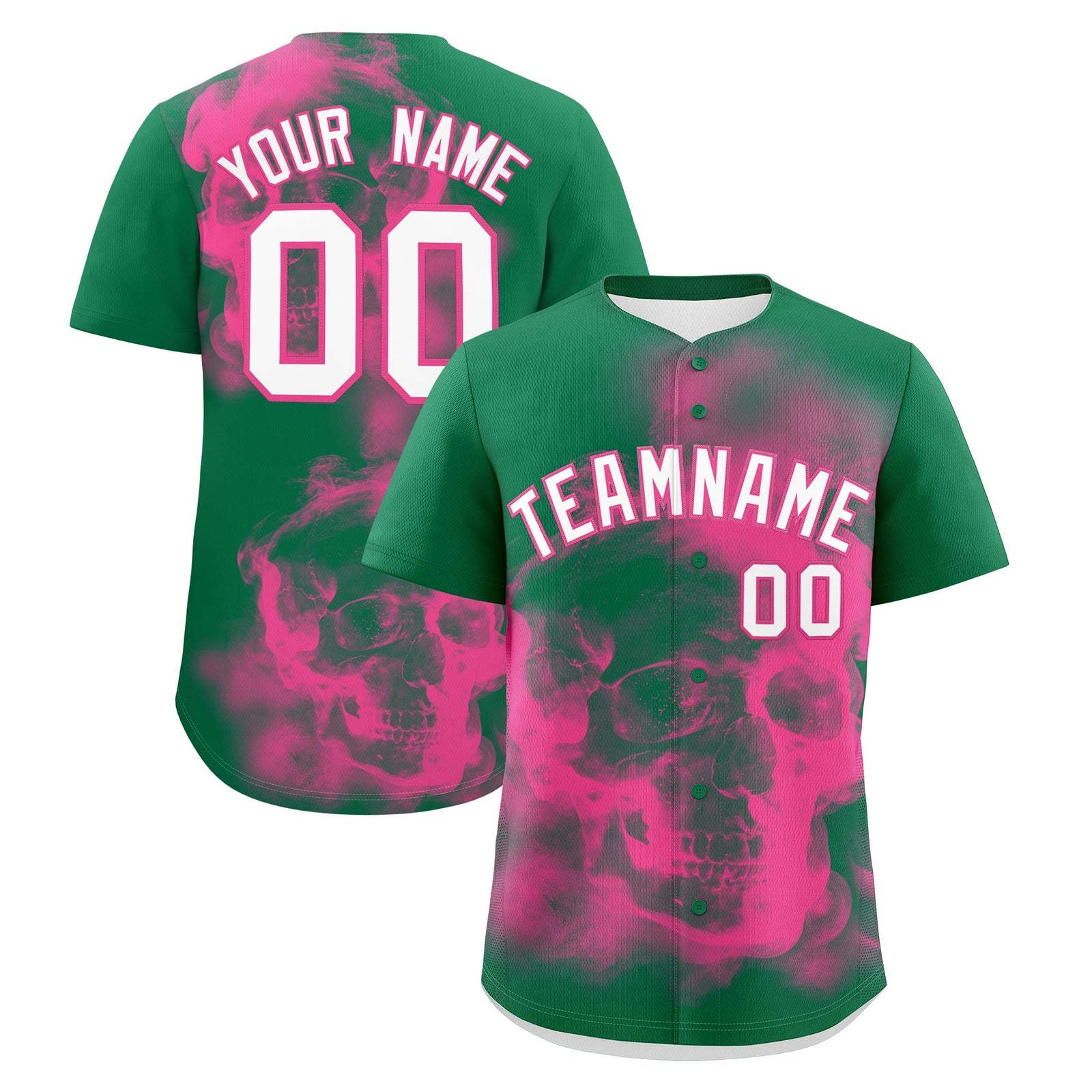 Custom Kelly Green Pink White skeleton Graffiti Pattern Quick Dry Baseball Jersey| KXKSHOP