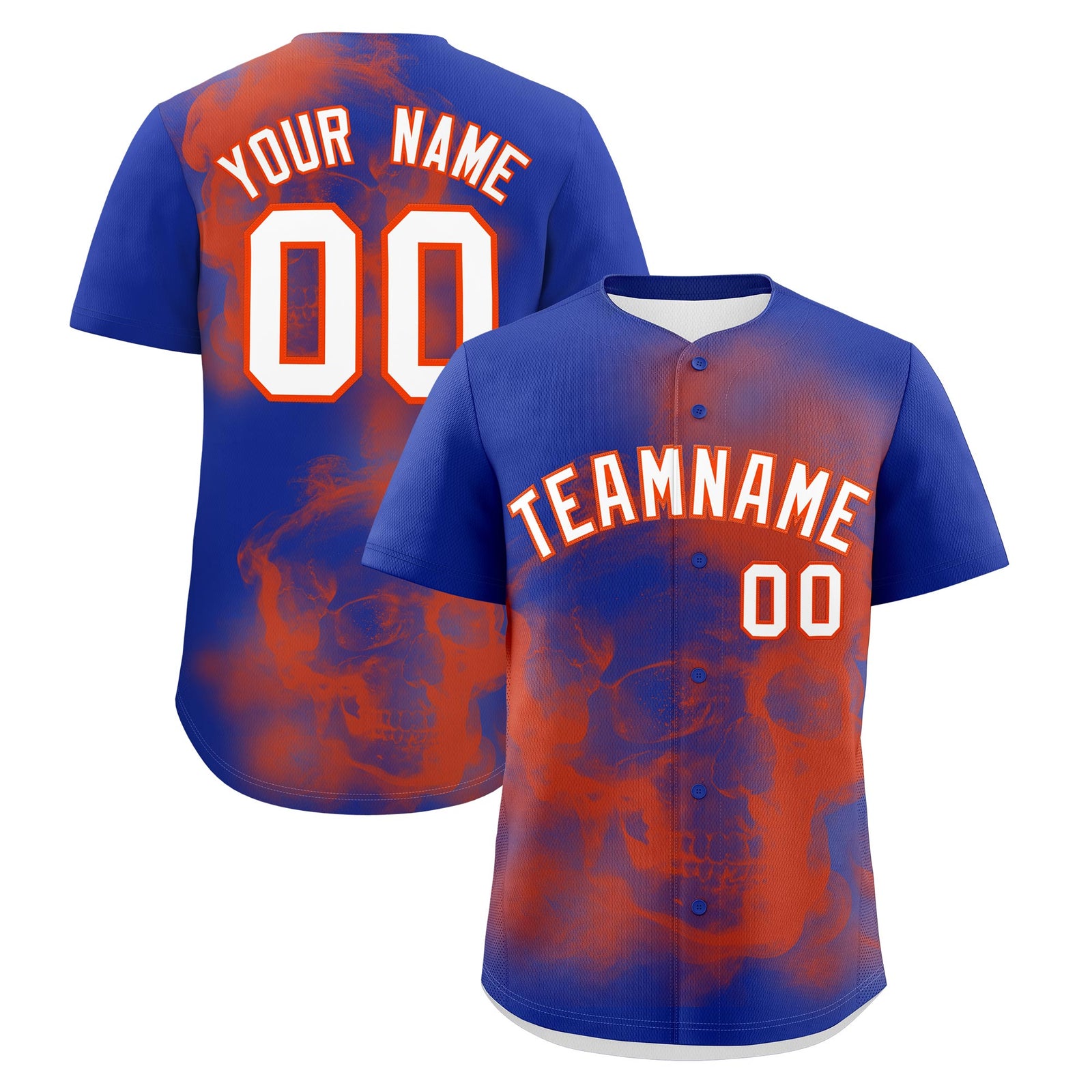 Custom Royal Blue Orange White skeleton Graffiti Pattern Quick Dry Baseball Jersey| KXKSHOP