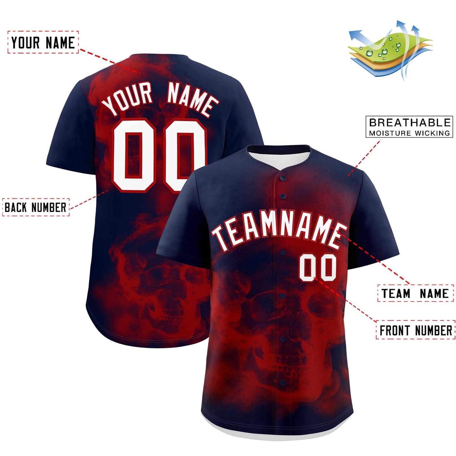 Custom Navy Red White skeleton Graffiti Pattern Lightweight Baseball Jersey| KXKSHOP