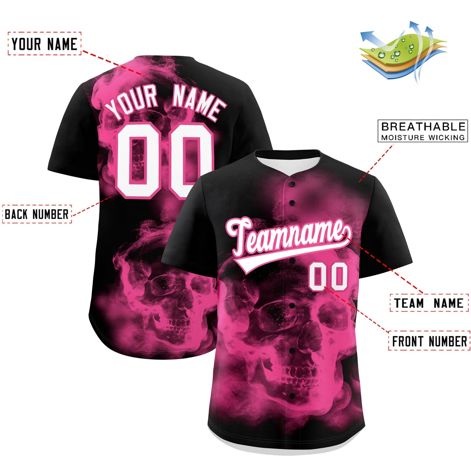 Custom Black Pink White skeleton Graffiti Pattern Quick Dry Baseball Jersey| KXKSHOP