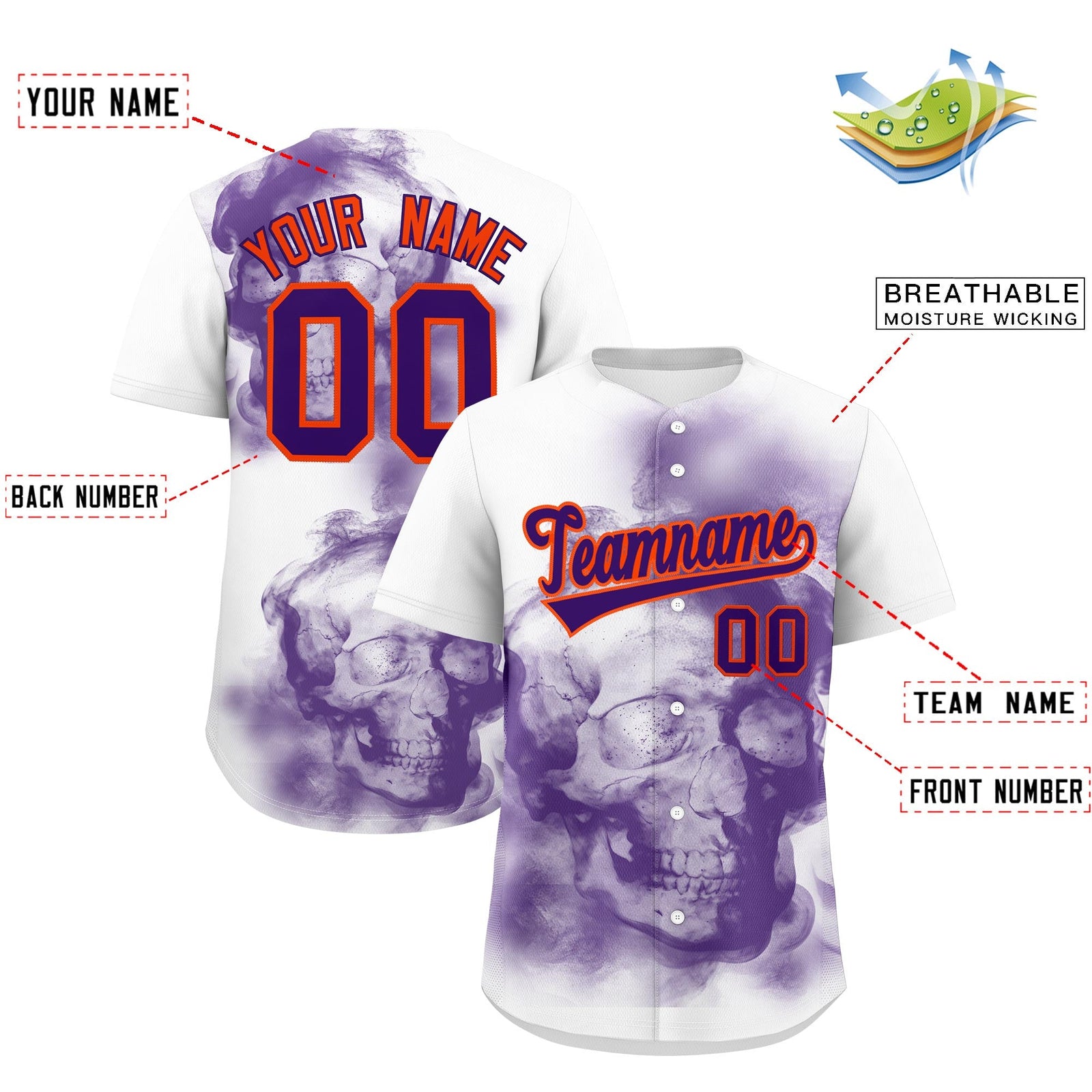 Custom White Purple Orange skeleton Graffiti Pattern Lightweight Baseball Jersey| KXKSHOP