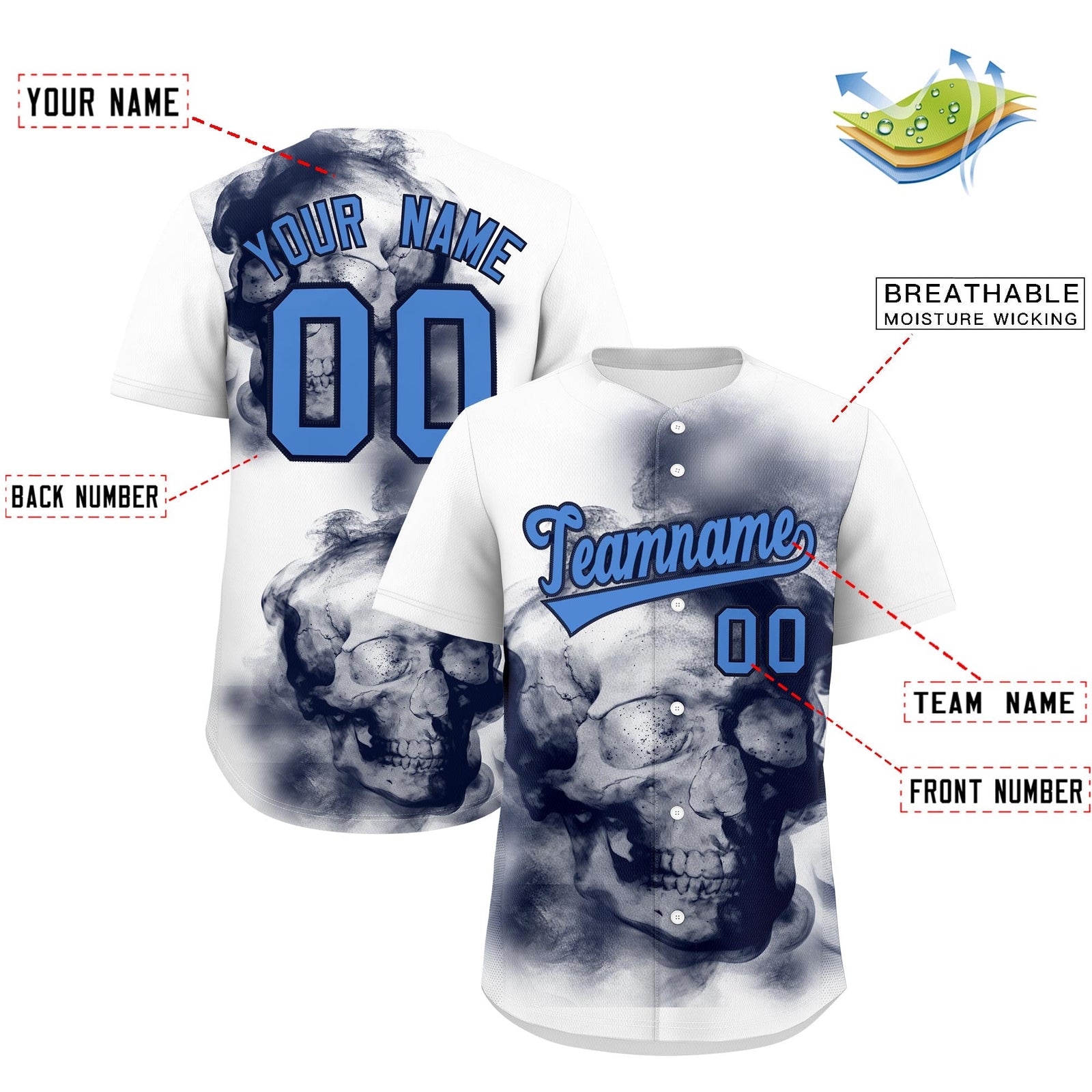 Custom White Navy Powder Blue skeleton Graffiti Pattern Lightweight Baseball Jersey| KXKSHOP