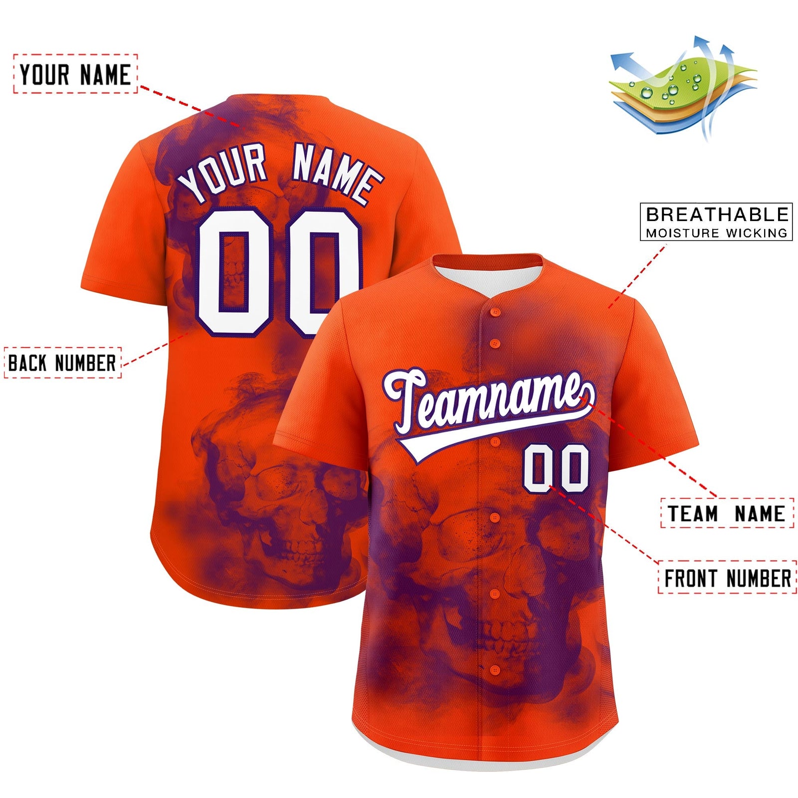 Custom Orange Purple White skeleton Graffiti Pattern Lightweight Baseball Jersey| KXKSHOP