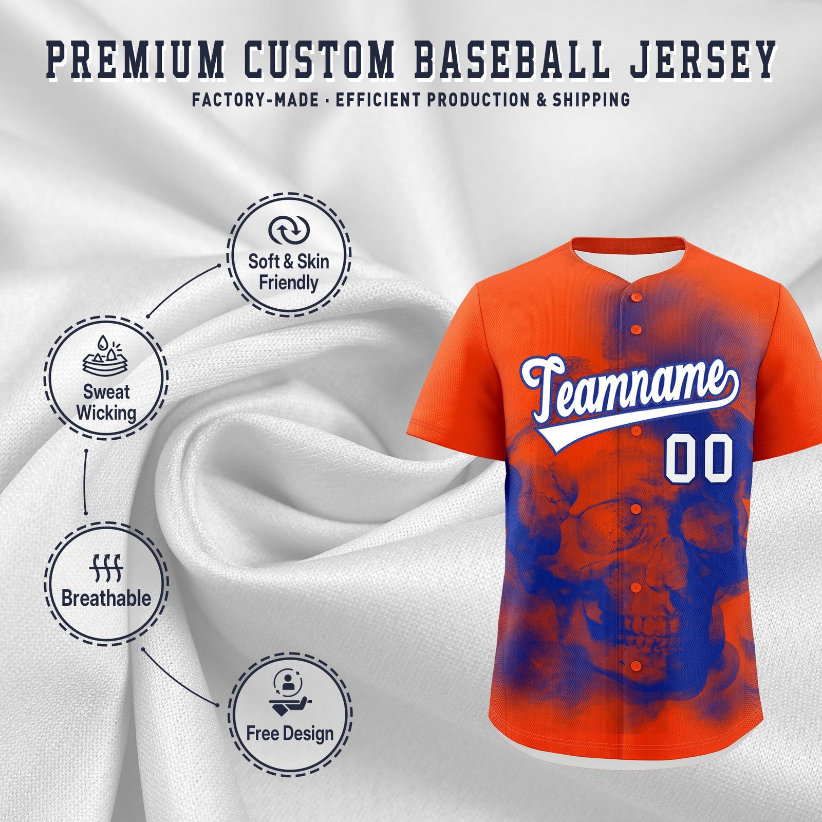 Custom Orange Royal Blue White skeleton Graffiti Pattern Lightweight Baseball Jersey| KXKSHOP