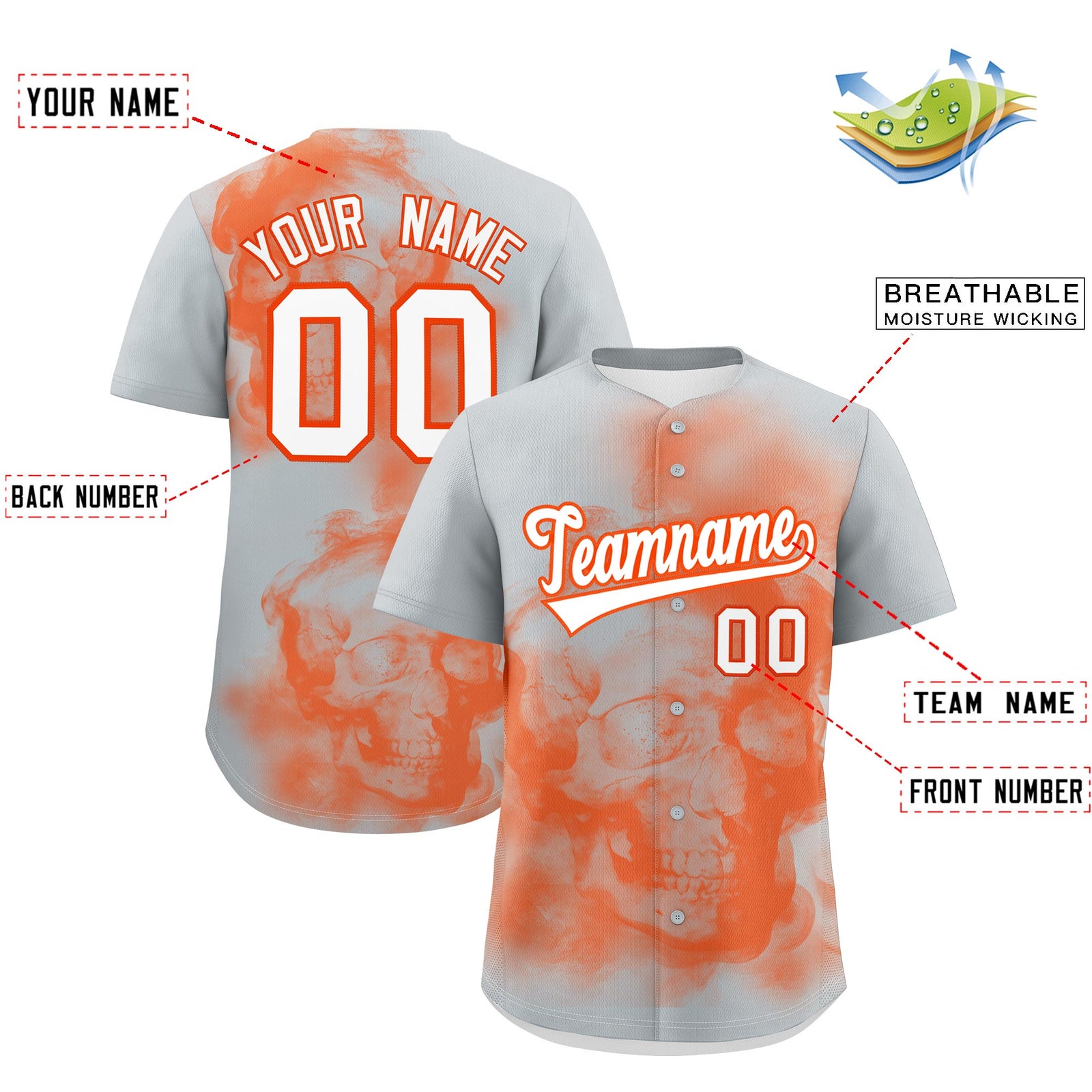 Custom Silver Orange White skeleton Graffiti Pattern Quick Dry Baseball Jersey| KXKSHOP