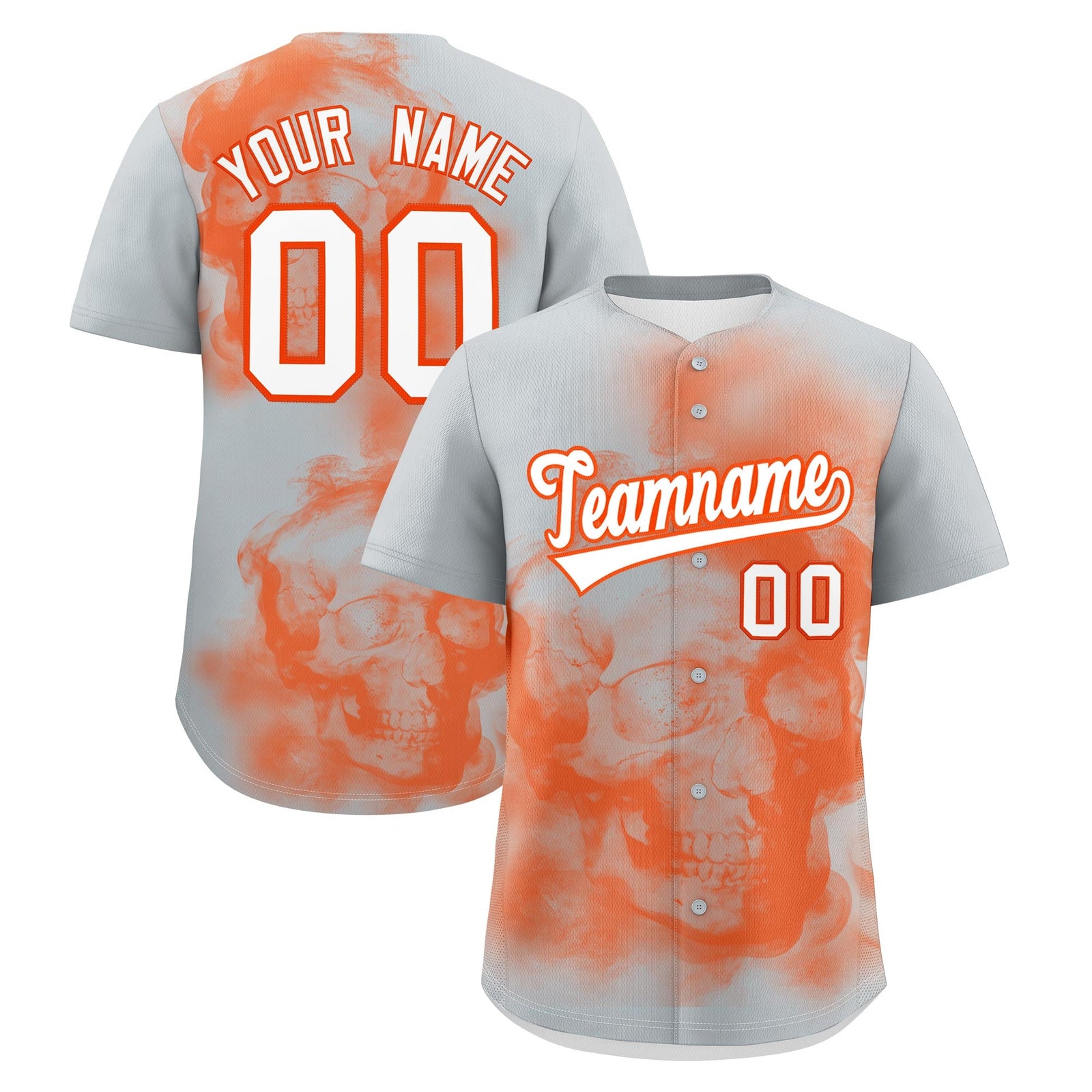 Custom Silver Orange White skeleton Graffiti Pattern Quick Dry Baseball Jersey| KXKSHOP