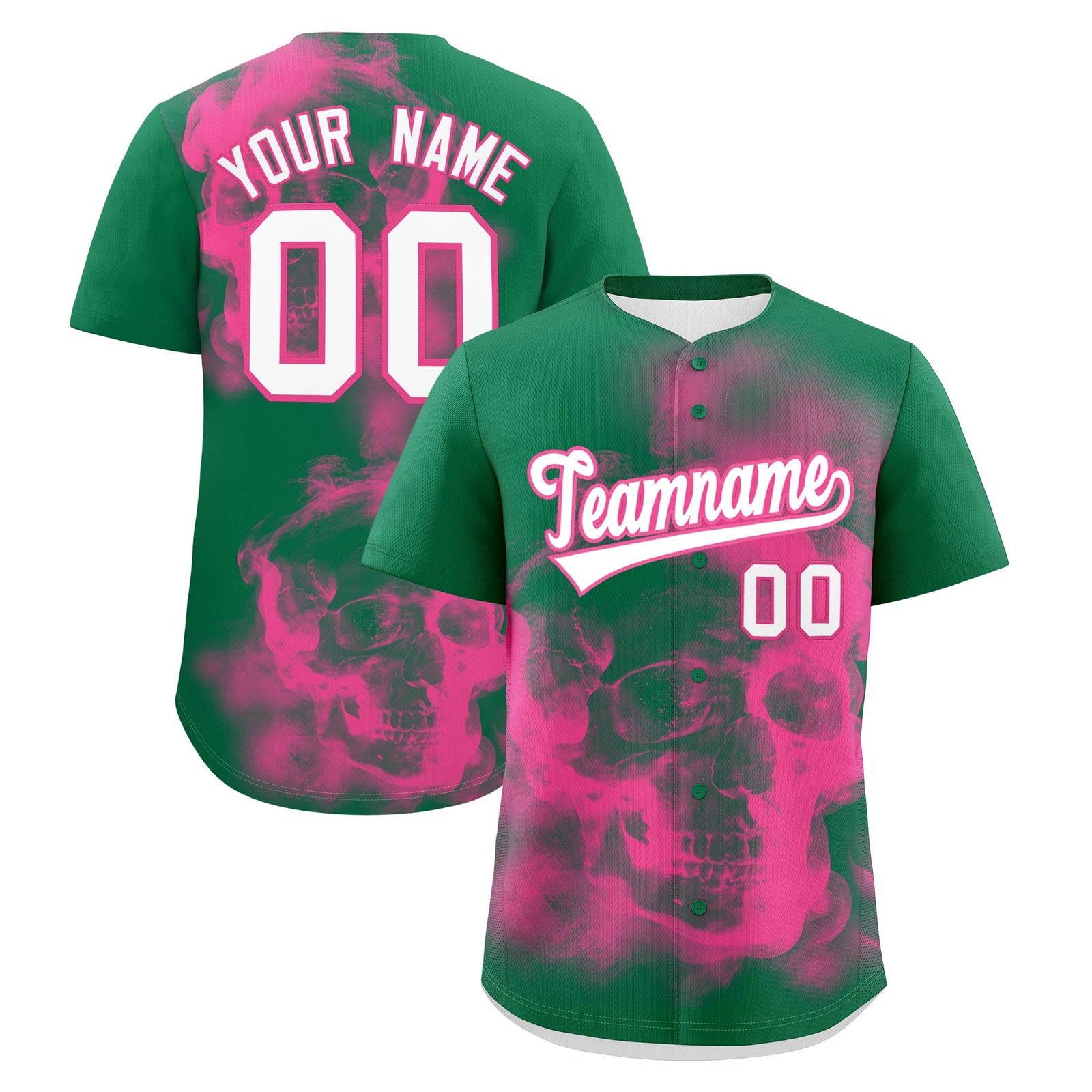 Custom Kelly Green Pink White skeleton Graffiti Pattern Quick Dry Baseball Jersey| KXKSHOP