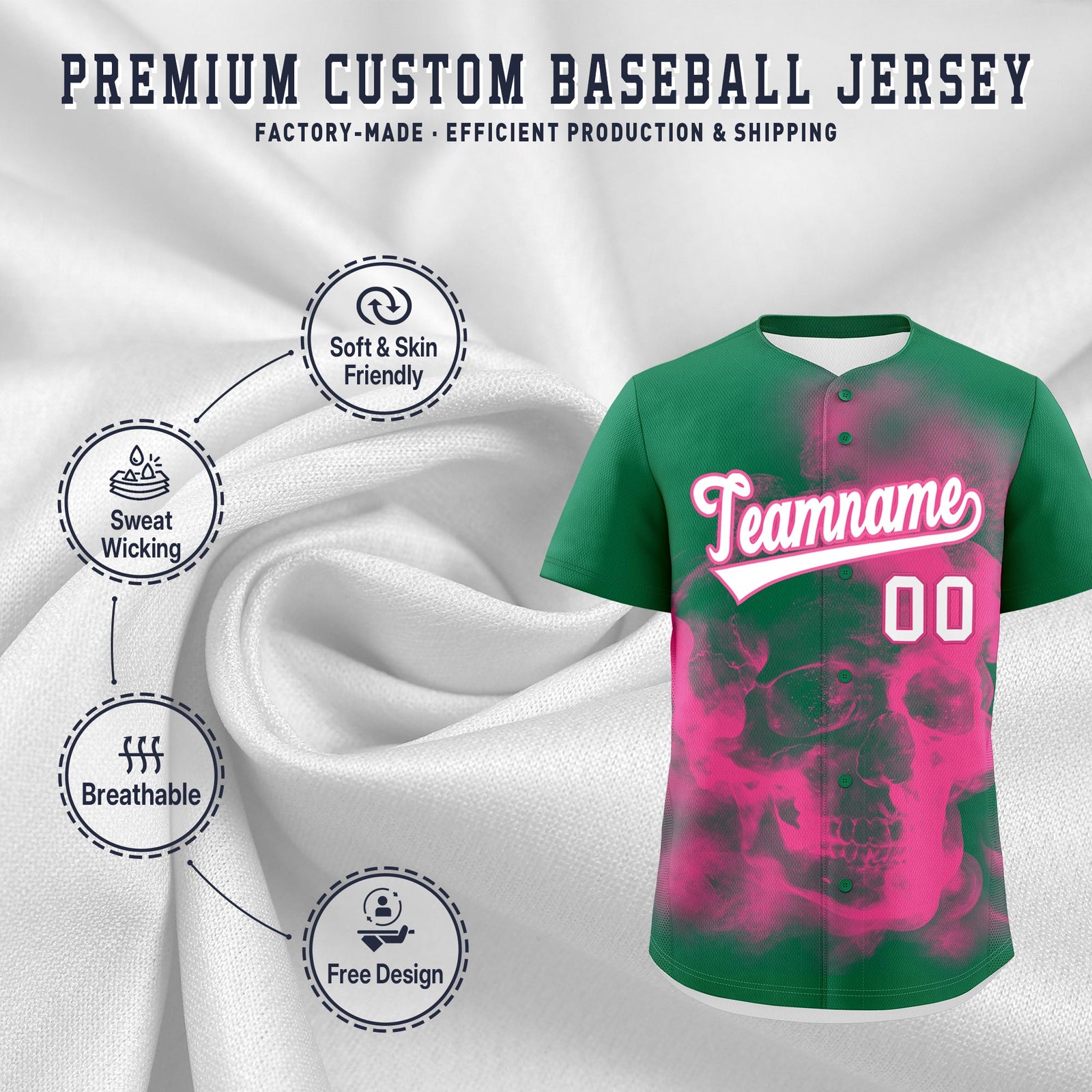 Custom Kelly Green Pink White skeleton Graffiti Pattern Quick Dry Baseball Jersey| KXKSHOP