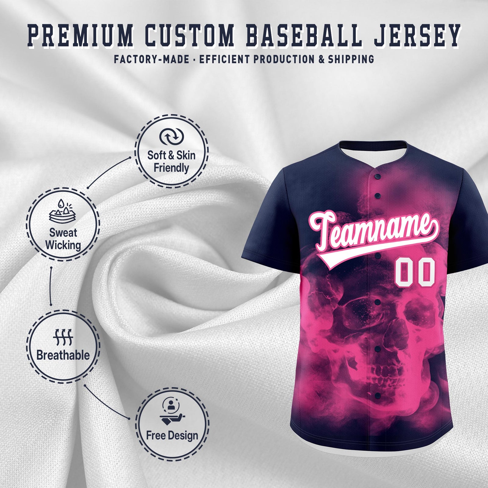 Custom Navy Pink White skeleton Graffiti Pattern Quick Dry Baseball Jersey| KXKSHOP