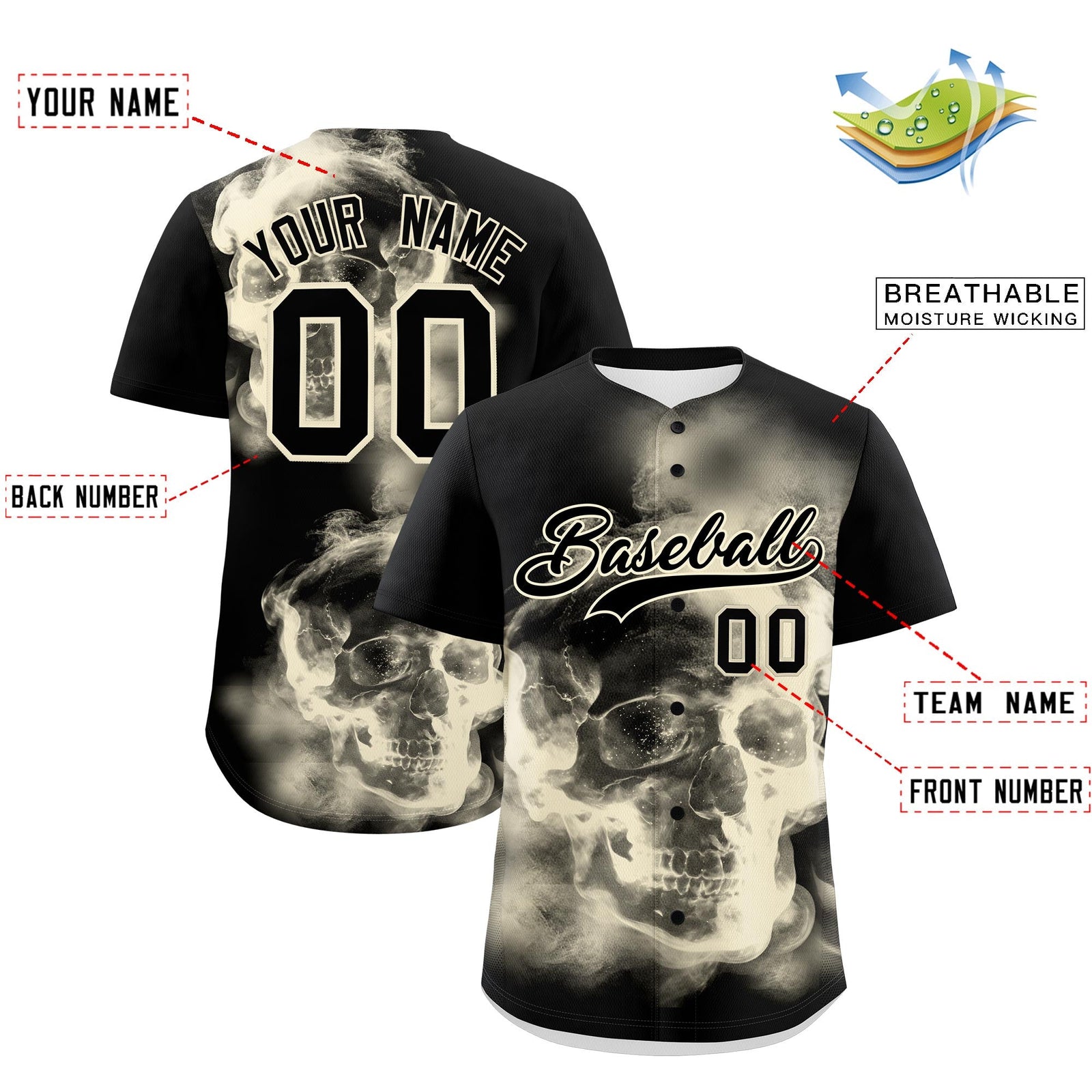 Custom Black Cream skeleton Graffiti Pattern Lightweight Baseball Jersey| KXKSHOP