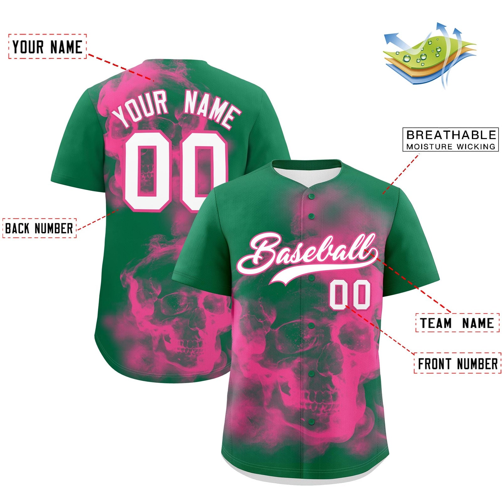 Custom Kelly Green Pink White skeleton Graffiti Pattern Quick Dry Baseball Jersey| KXKSHOP