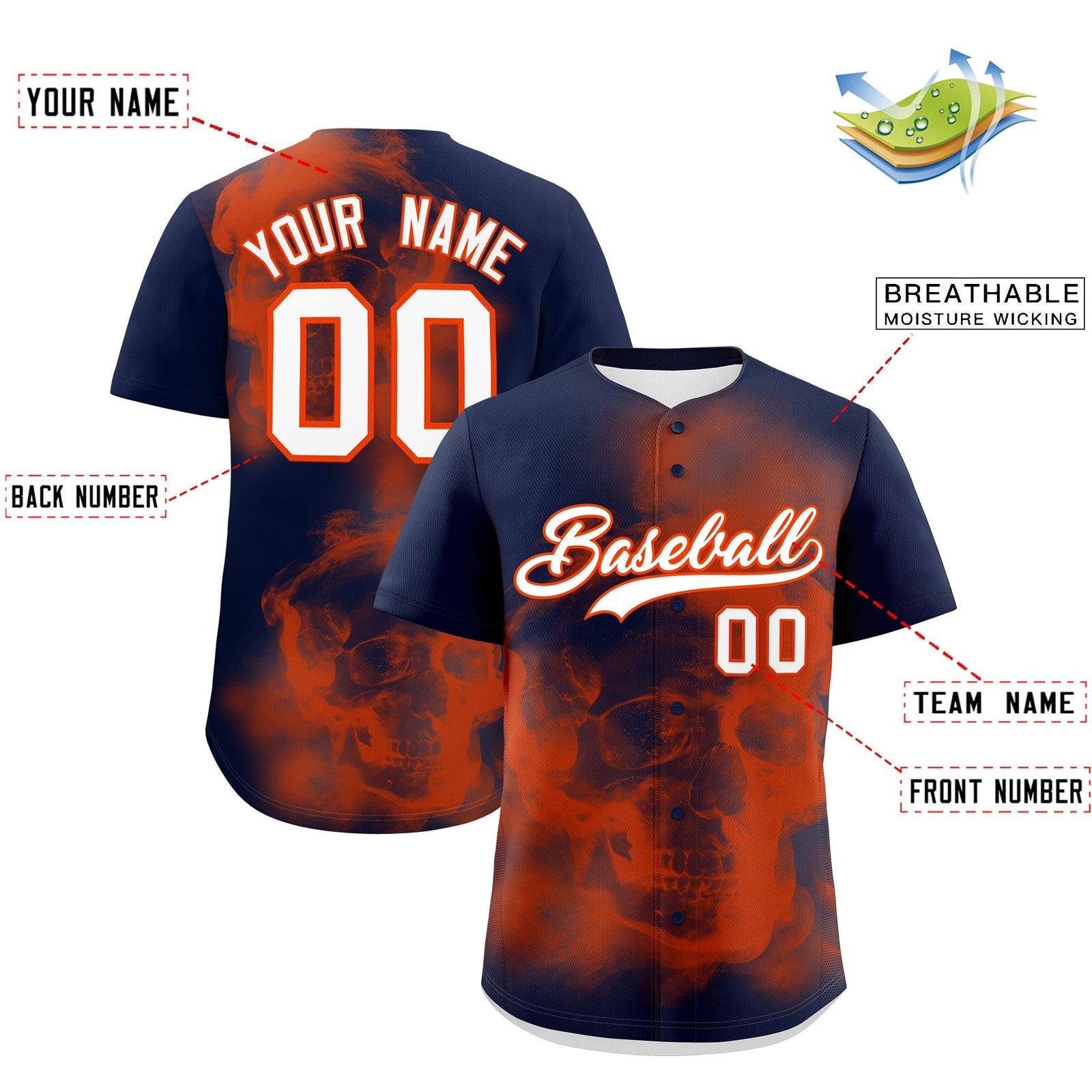 Custom Navy Orange White skeleton Graffiti Pattern Lightweight Baseball Jersey| KXKSHOP