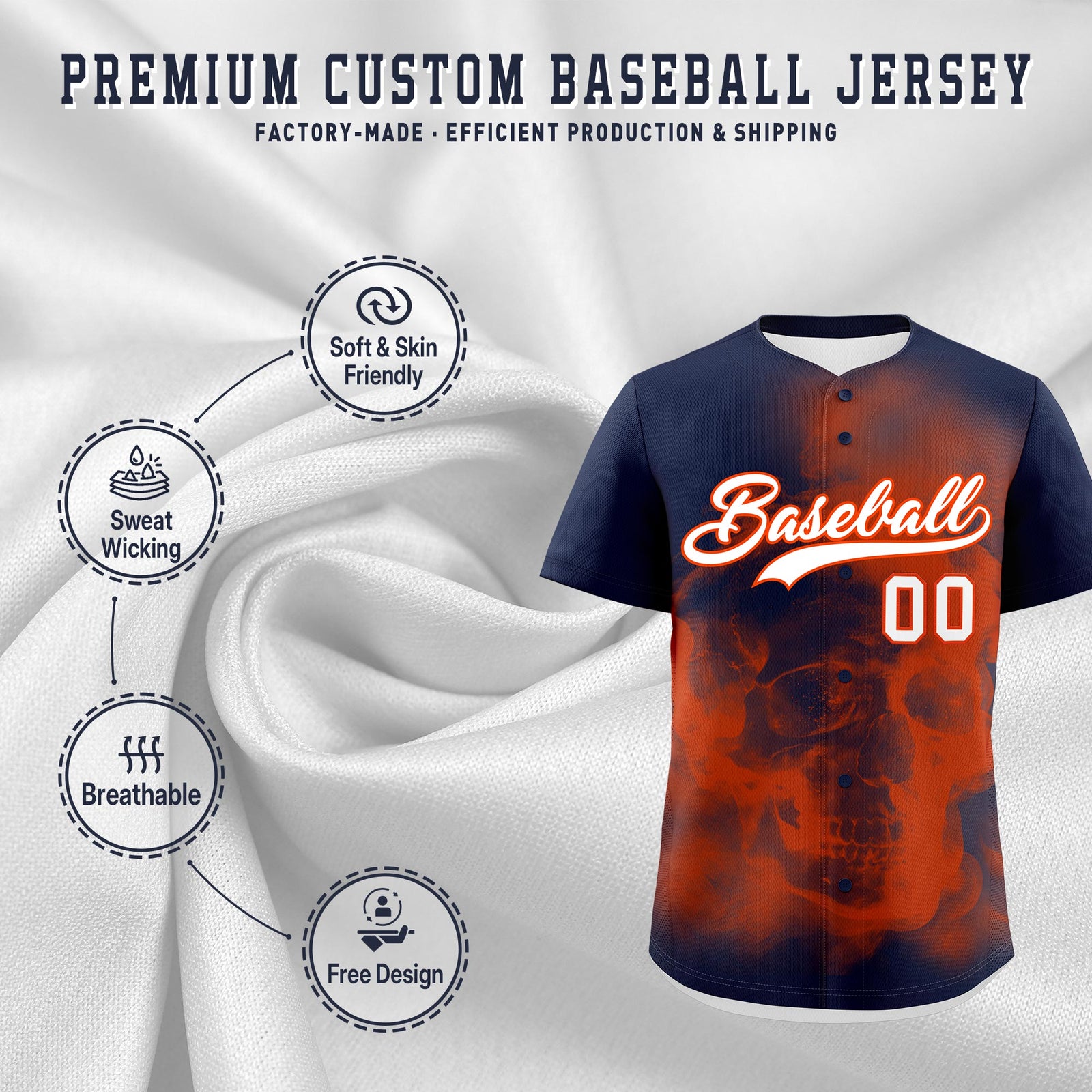 Custom Navy Orange White skeleton Graffiti Pattern Lightweight Baseball Jersey| KXKSHOP