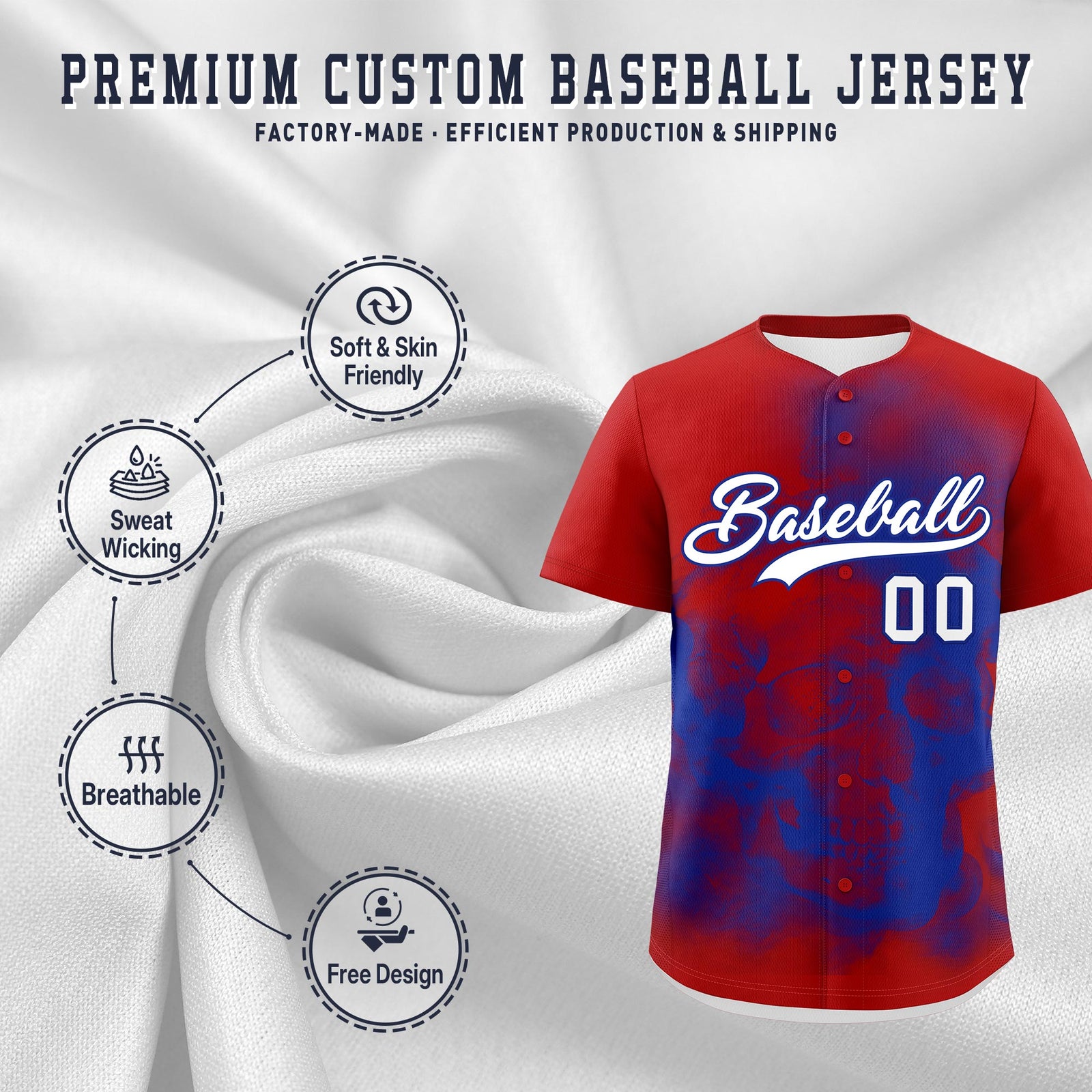 Custom Red Royal Blue White skeleton Graffiti Pattern Lightweight Baseball Jersey| KXKSHOP