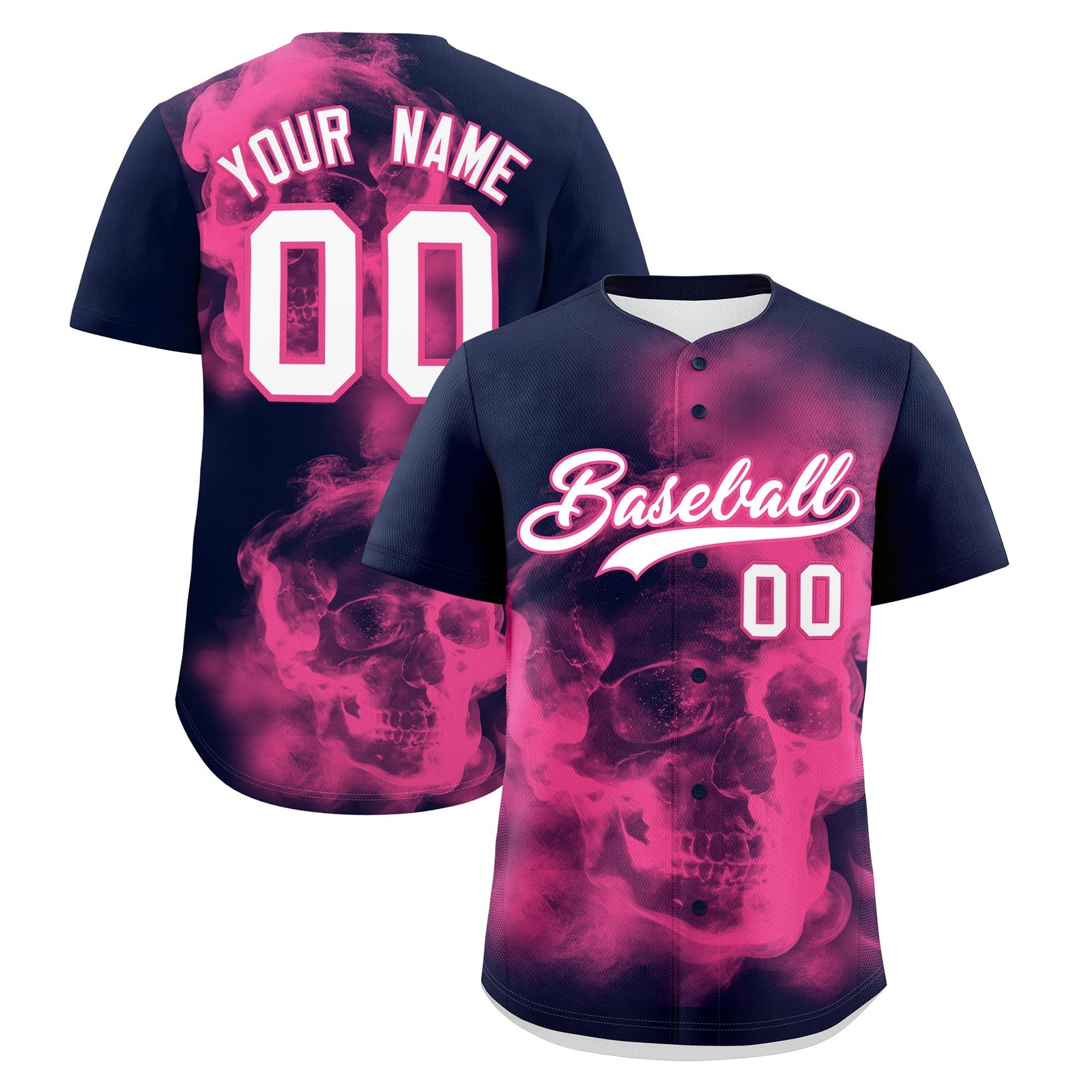 Custom Navy Pink White skeleton Graffiti Pattern Quick Dry Baseball Jersey| KXKSHOP