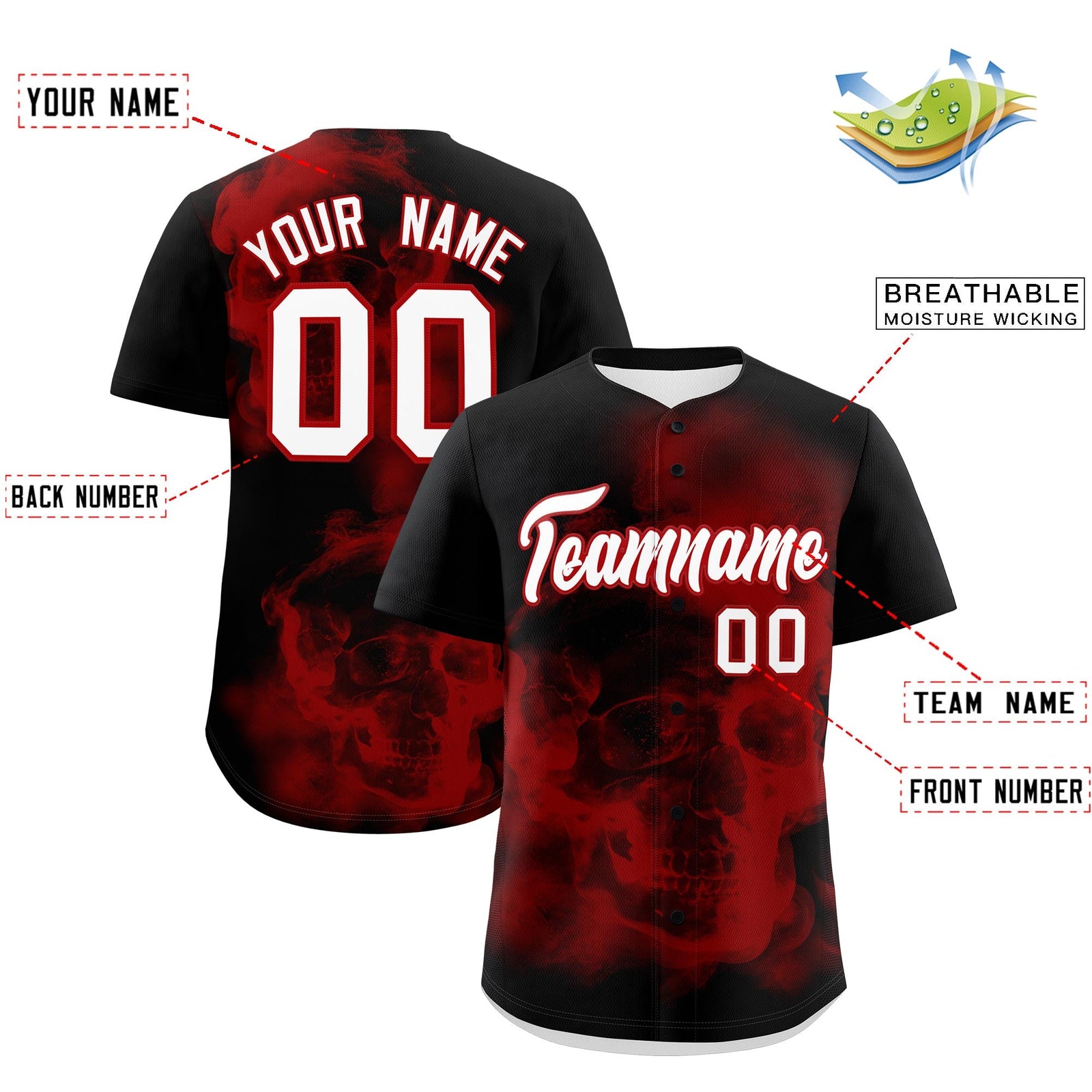 Custom Black Red White skeleton Graffiti Pattern Lightweight Baseball Jersey| KXKSHOP