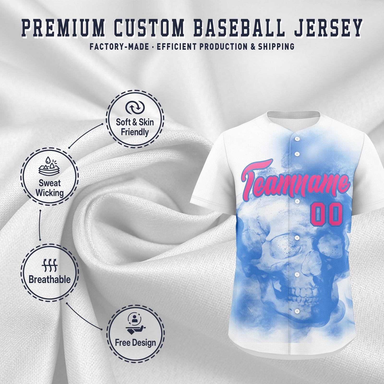 Custom White Powder Blue Pink skeleton Graffiti Pattern Quick Dry Baseball Jersey| KXKSHOP