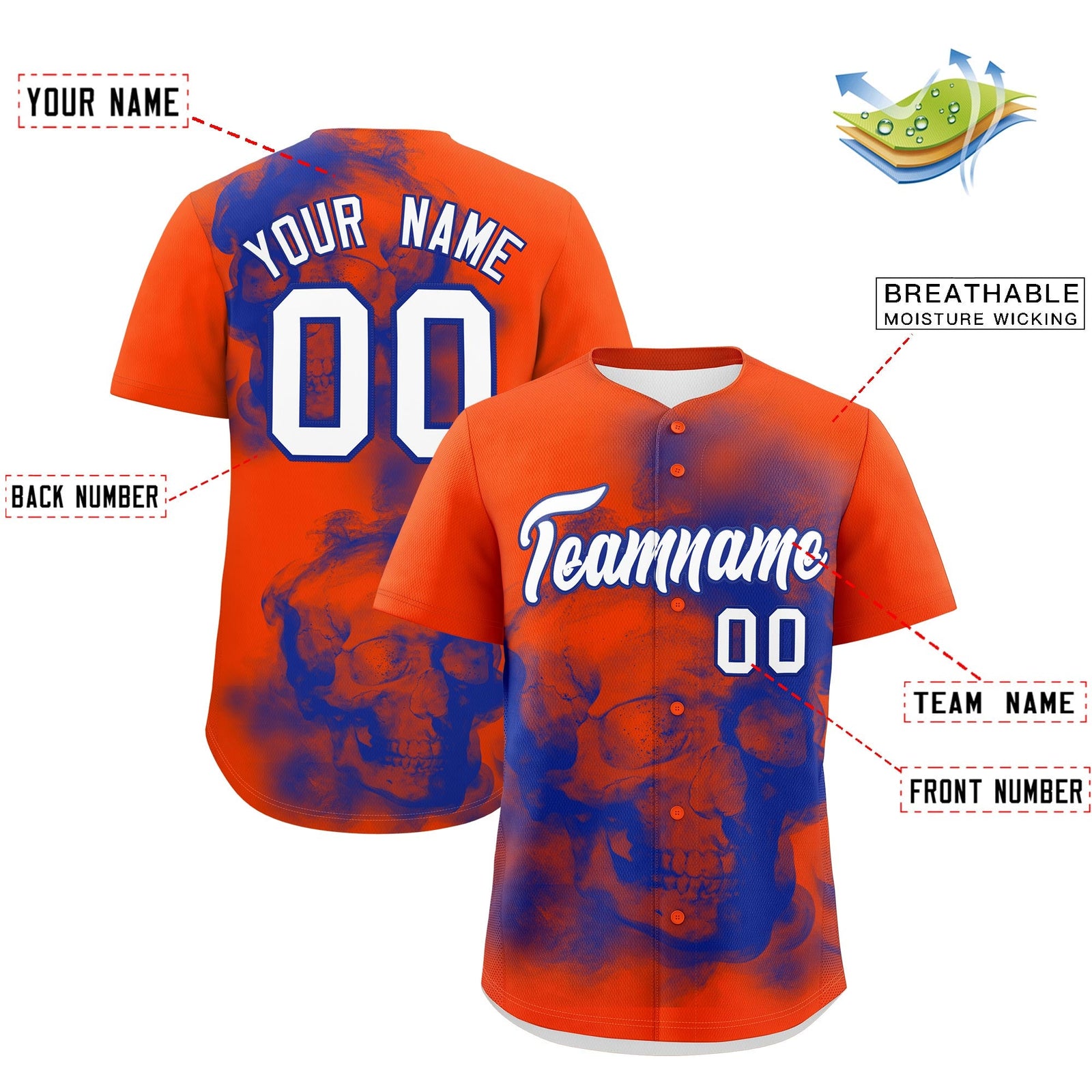 Custom Orange Royal Blue White skeleton Graffiti Pattern Lightweight Baseball Jersey| KXKSHOP
