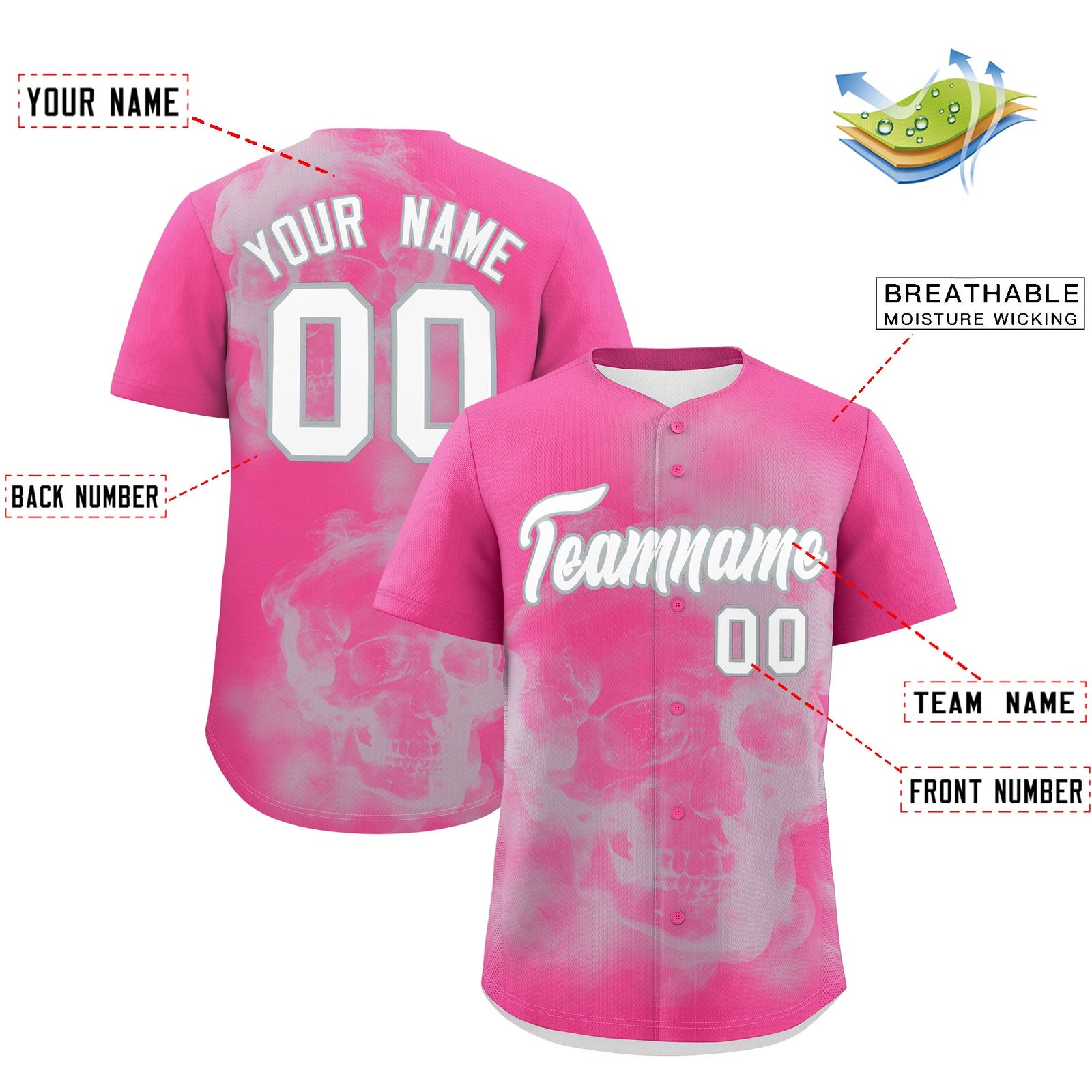 Custom Pink Silver White skeleton Graffiti Pattern Quick Dry Baseball Jersey| KXKSHOP