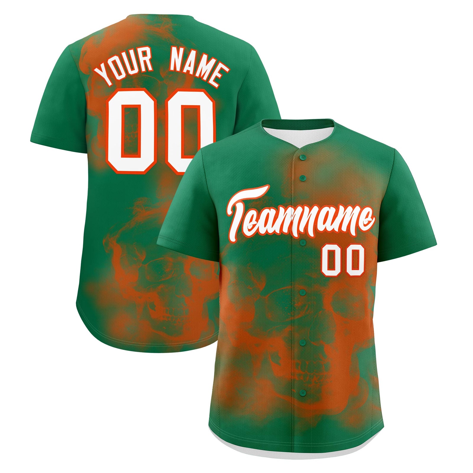 Custom Kelly Green Orange White skeleton Graffiti Pattern Lightweight Baseball Jersey| KXKSHOP