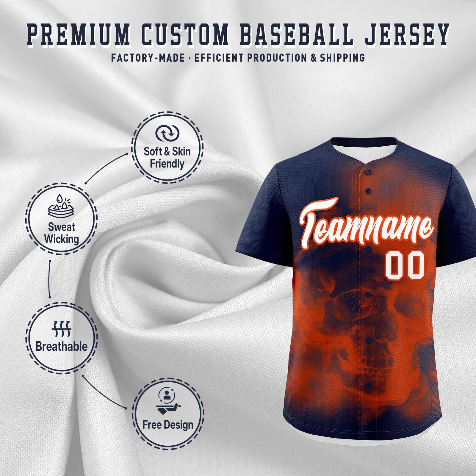 Custom Navy Orange White skeleton Graffiti Pattern Lightweight Baseball Jersey| KXKSHOP