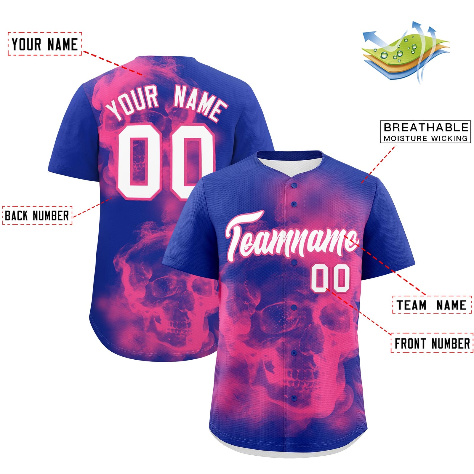 Custom Royal Blue Pink White skeleton Graffiti Pattern Lightweight Baseball Jersey| KXKSHOP
