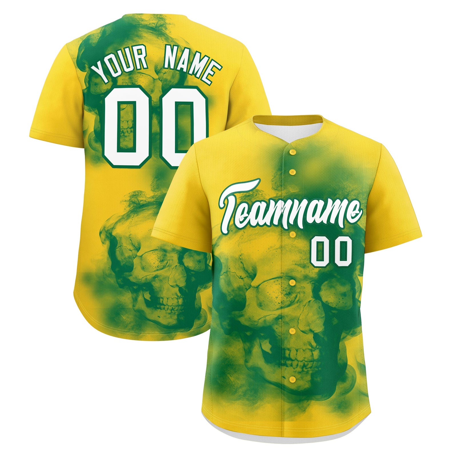 Custom Gold Kelly Green White skeleton Graffiti Pattern Lightweight Baseball Jersey| KXKSHOP