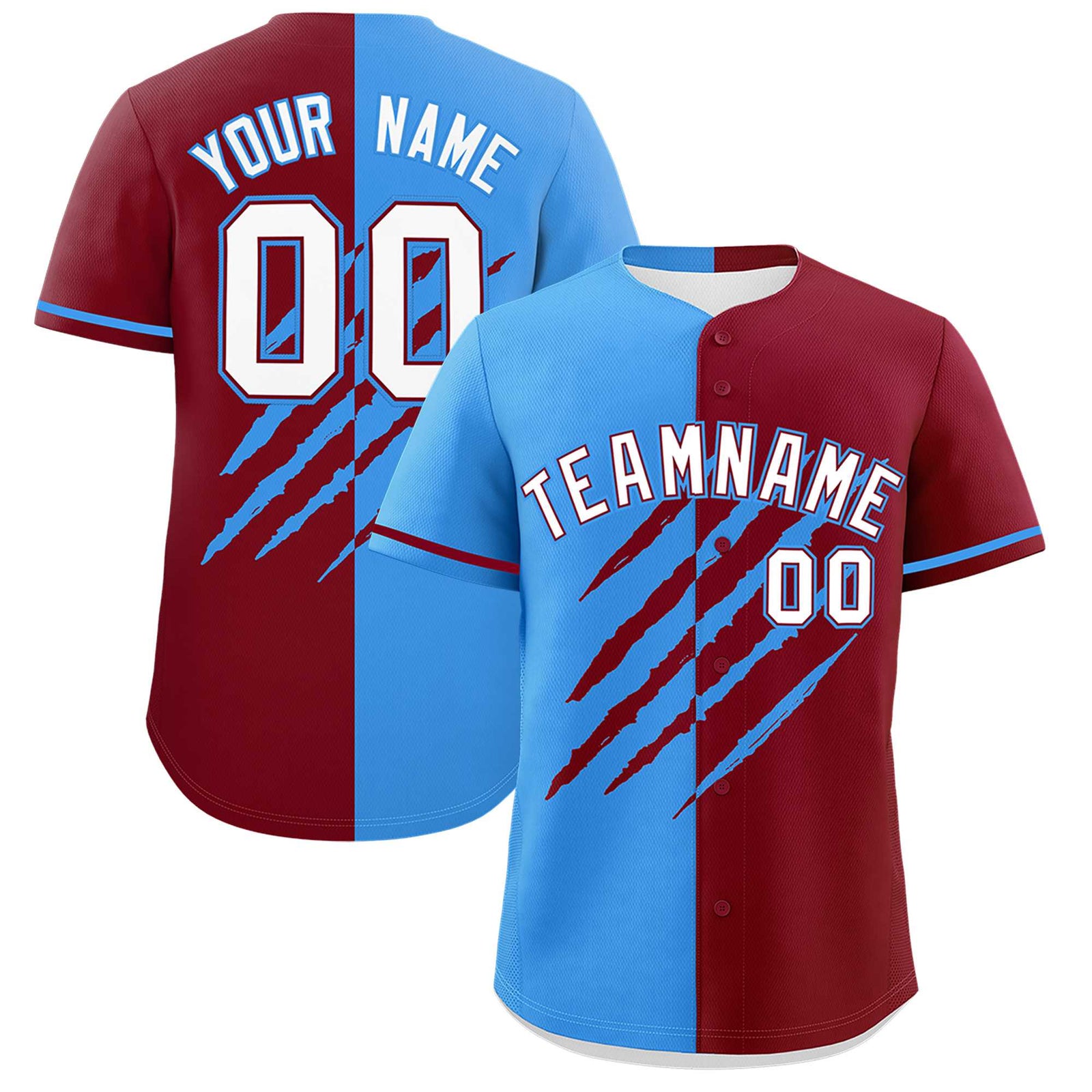 Custom Powder Blue Crimson Split Tiger Claw Scratch Pattern Baseball Jersey