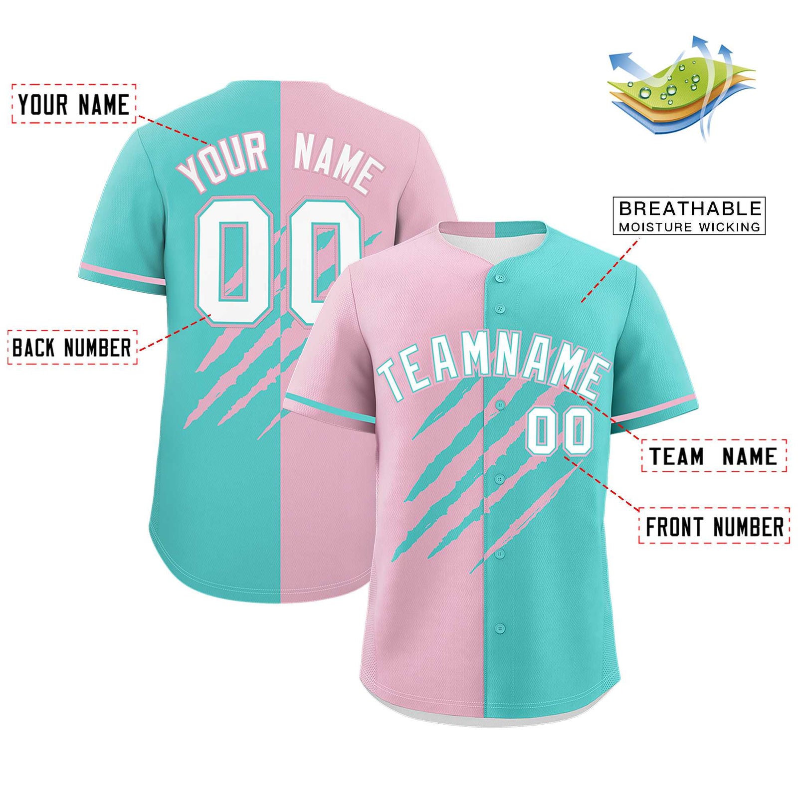Custom Light Pink Bright Green Split Tiger Claw Scratch Pattern Baseball Jersey