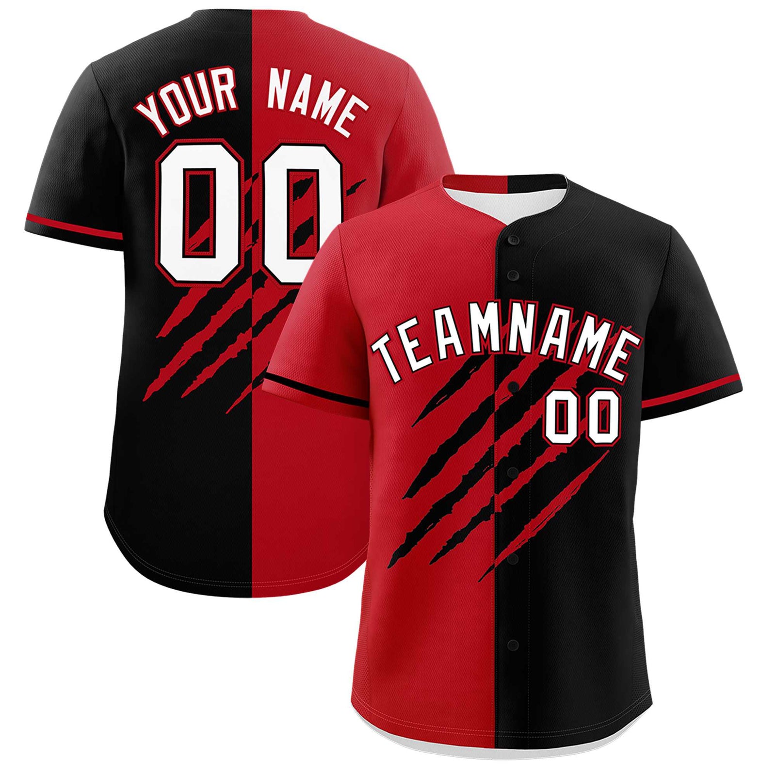 Custom Red Black Split Tiger Claw Scratch Pattern Baseball Jersey