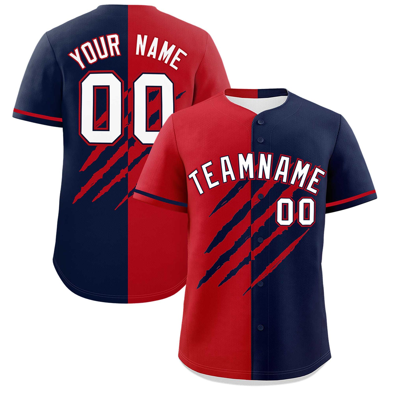 Custom Red Navy Split Tiger Claw Scratch Pattern Baseball Jersey