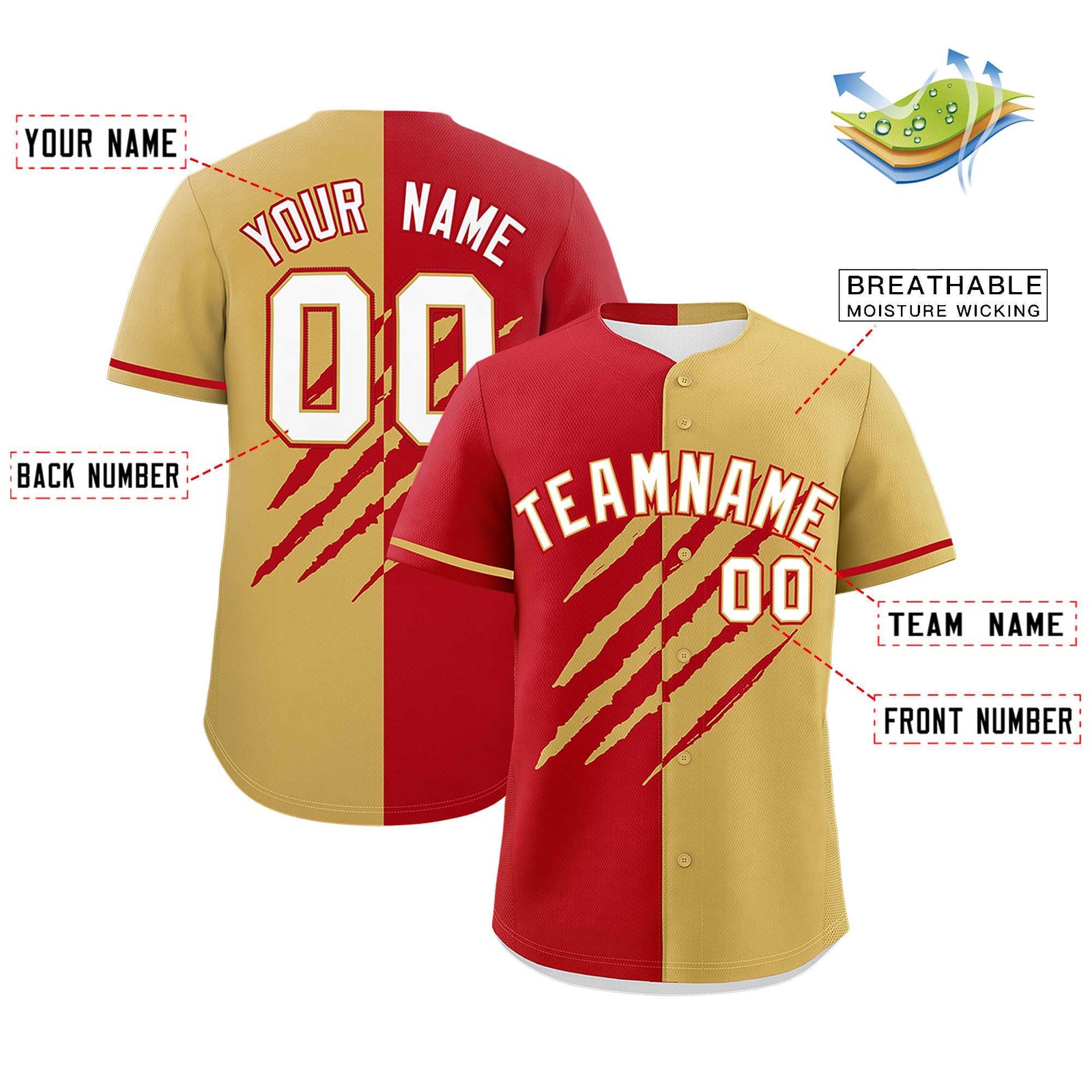 Custom Red Old Gold Split Tiger Claw Scratch Pattern Baseball Jersey
