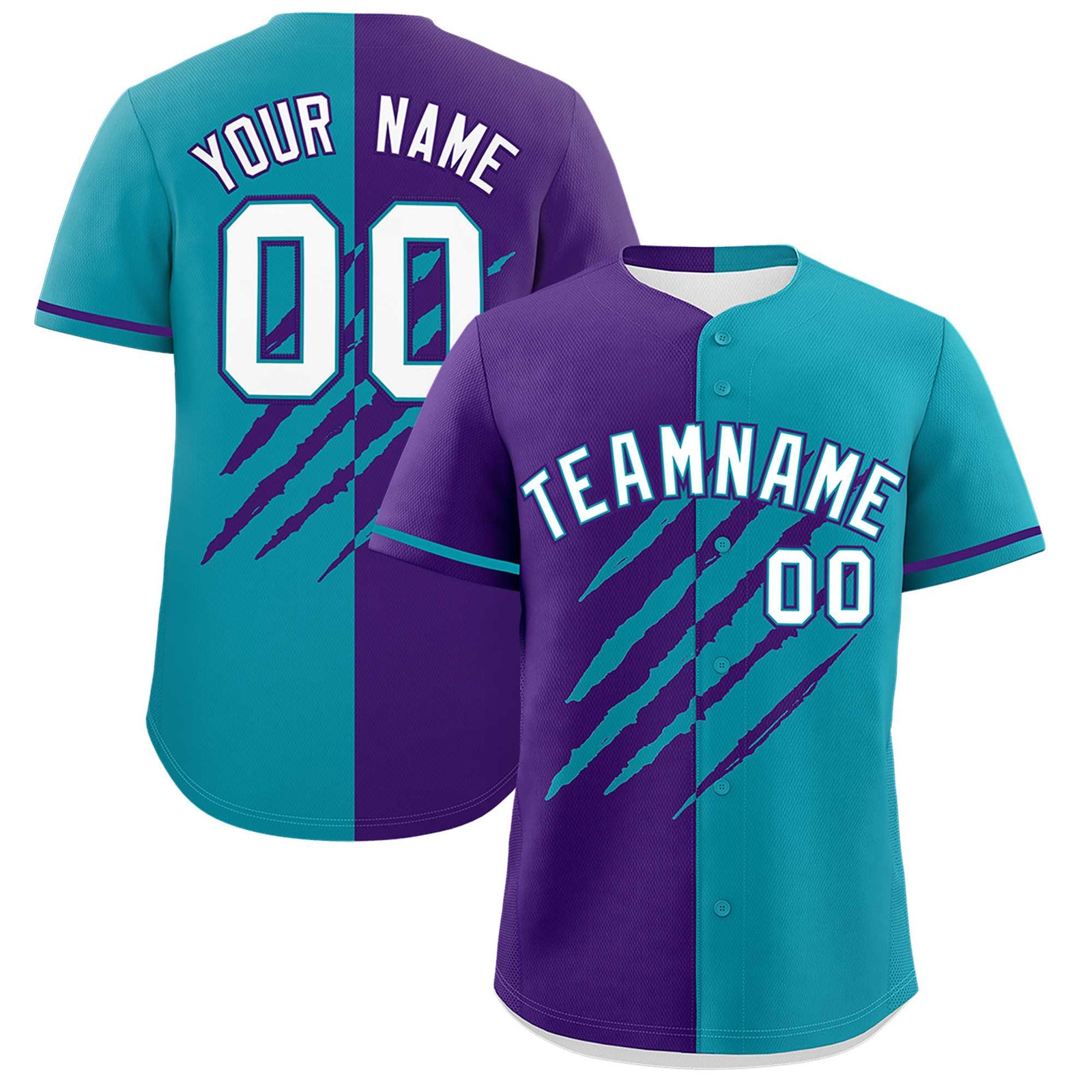 Custom Purple Teal Split Tiger Claw Scratch Pattern Baseball Jersey