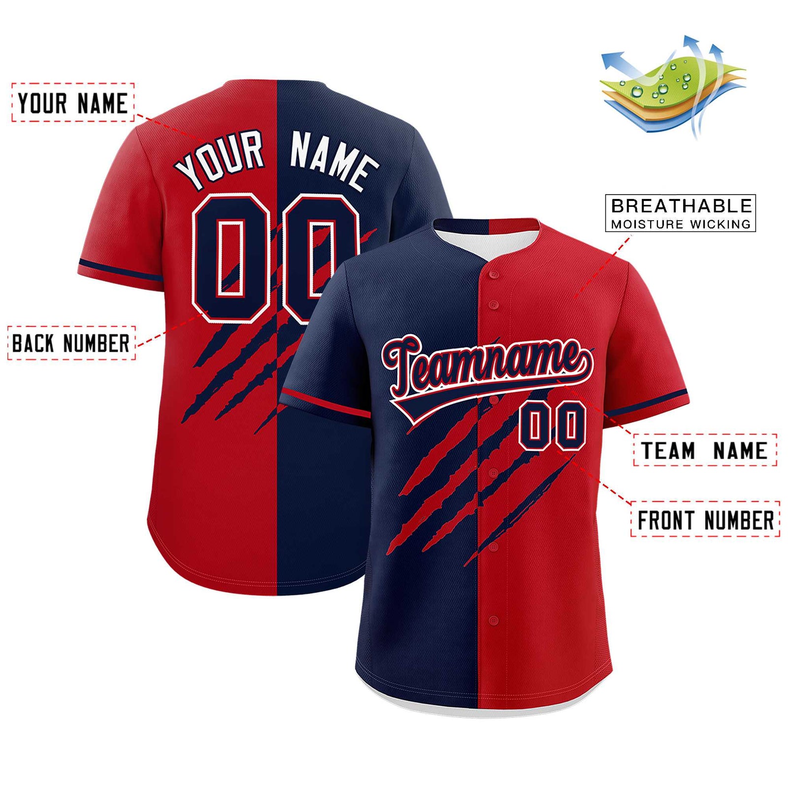 Custom Navy Red Split Tiger Claw Scratch Pattern Baseball Jersey