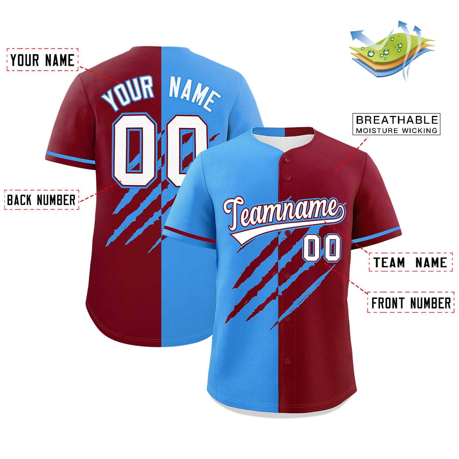Custom Powder Blue Crimson Split Tiger Claw Scratch Pattern Baseball Jersey