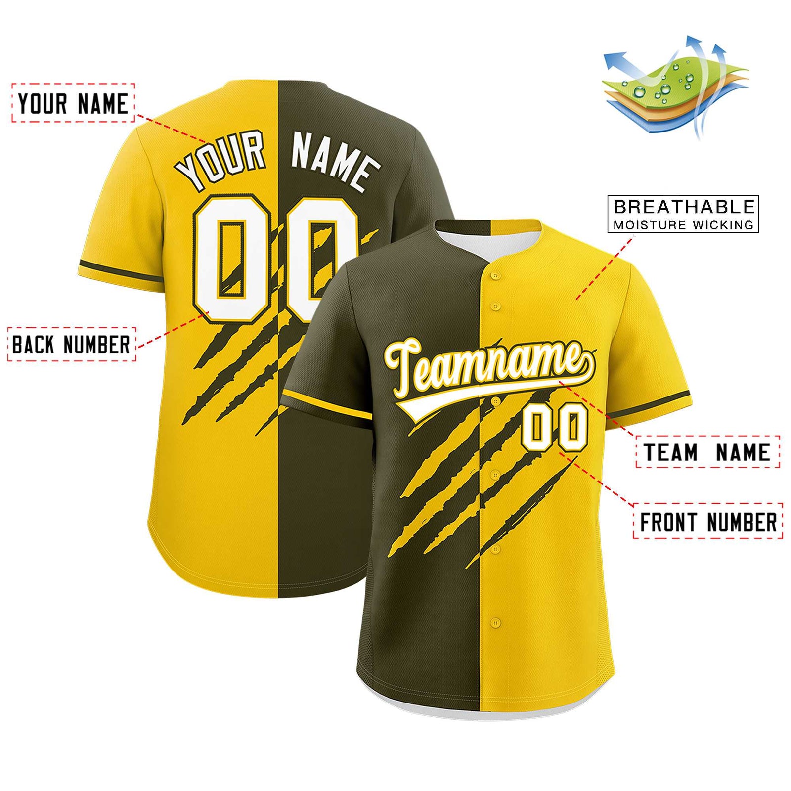 Custom Olive Gold Split Tiger Claw Scratch Pattern Baseball Jersey
