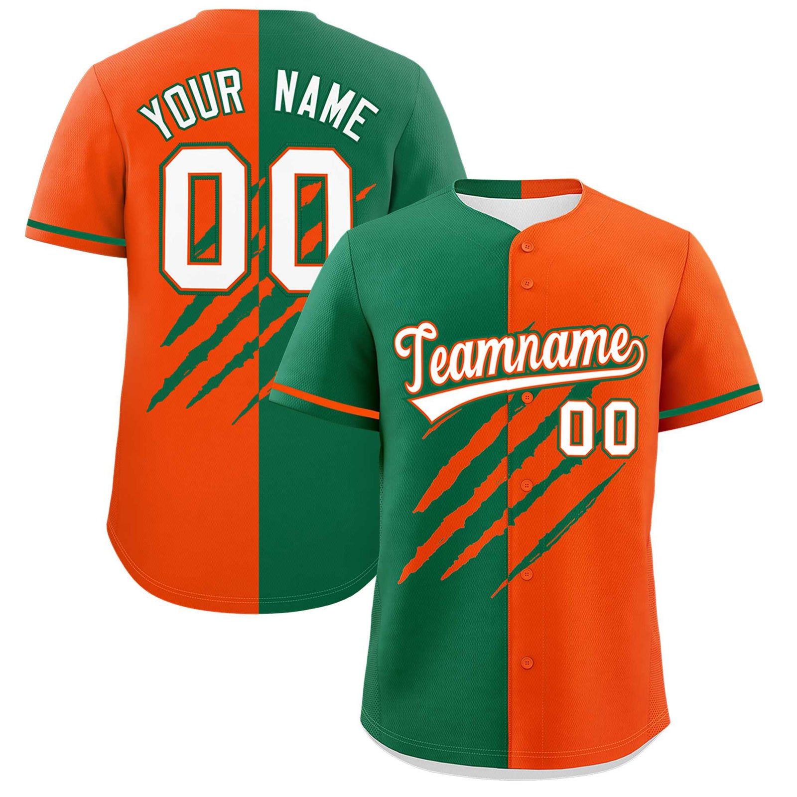 Custom Kelly Green Orange Split Tiger Claw Scratch Pattern Baseball Jersey