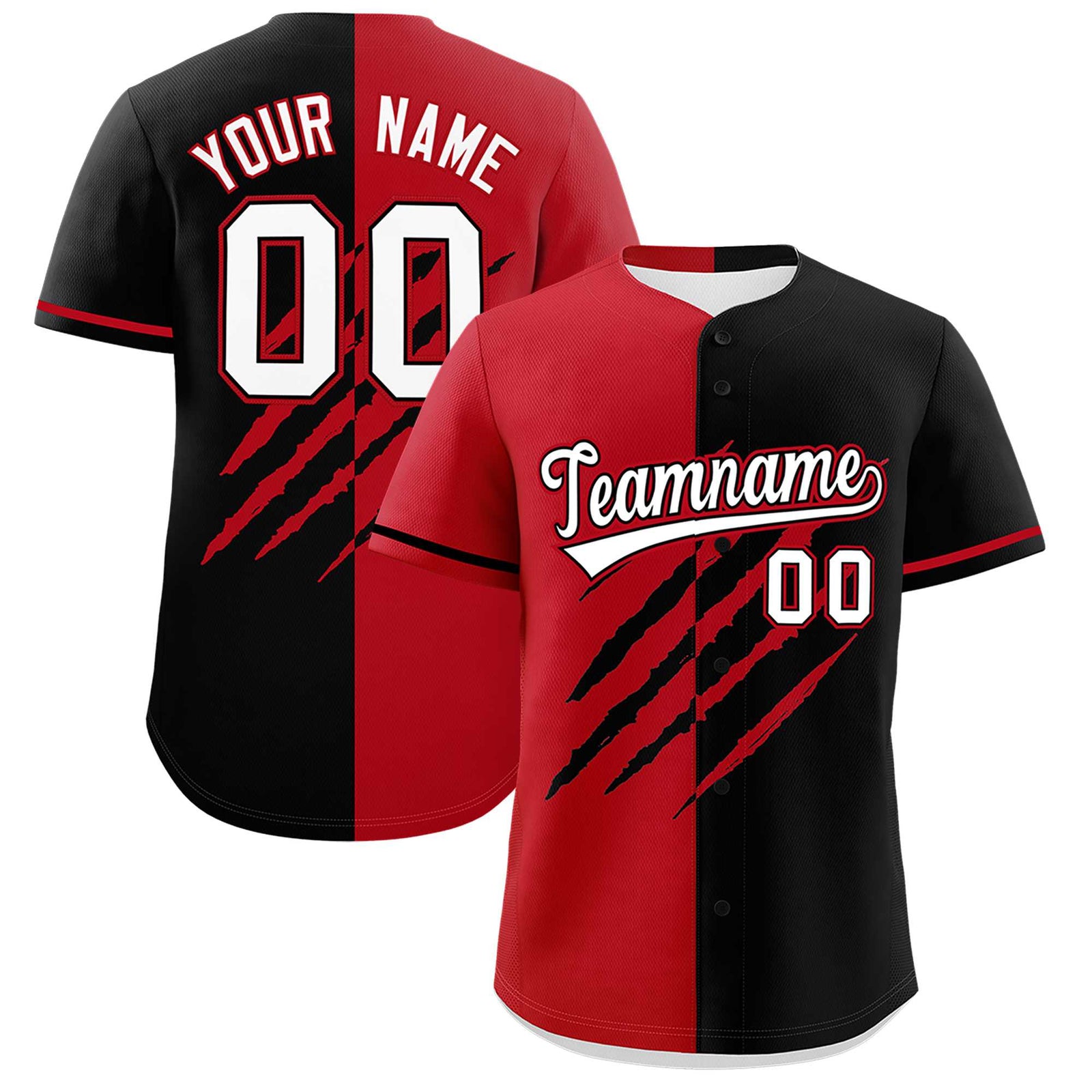 Custom Red Black Split Tiger Claw Scratch Pattern Baseball Jersey