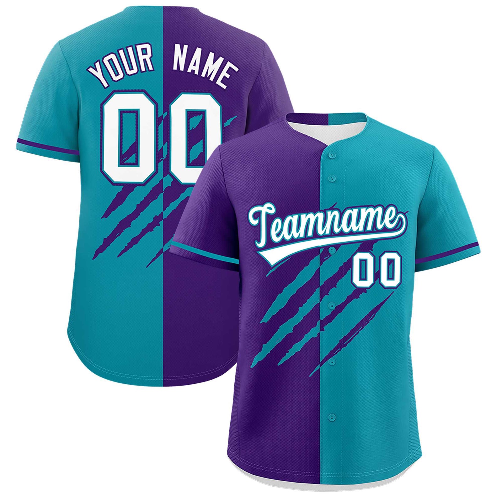 Custom Purple Teal Split Tiger Claw Scratch Pattern Baseball Jersey