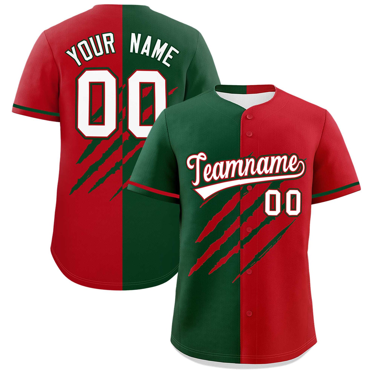 Custom Green Red Split Tiger Claw Scratch Pattern Baseball Jersey