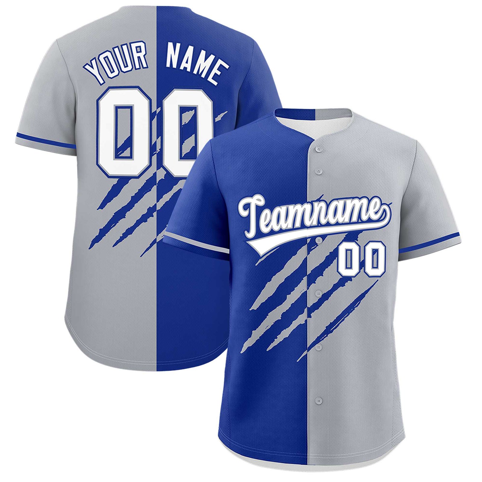 Custom Royal Blue Gray Split Tiger Claw Scratch Pattern Baseball Jersey