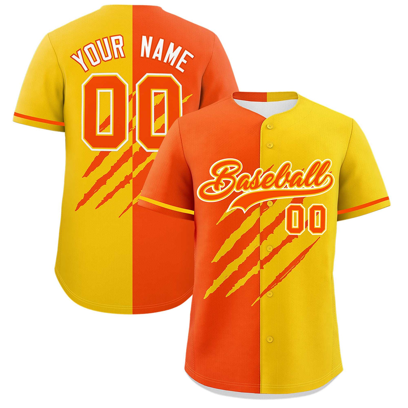 Custom Orange Gold Split Tiger Claw Scratch Pattern Baseball Jersey