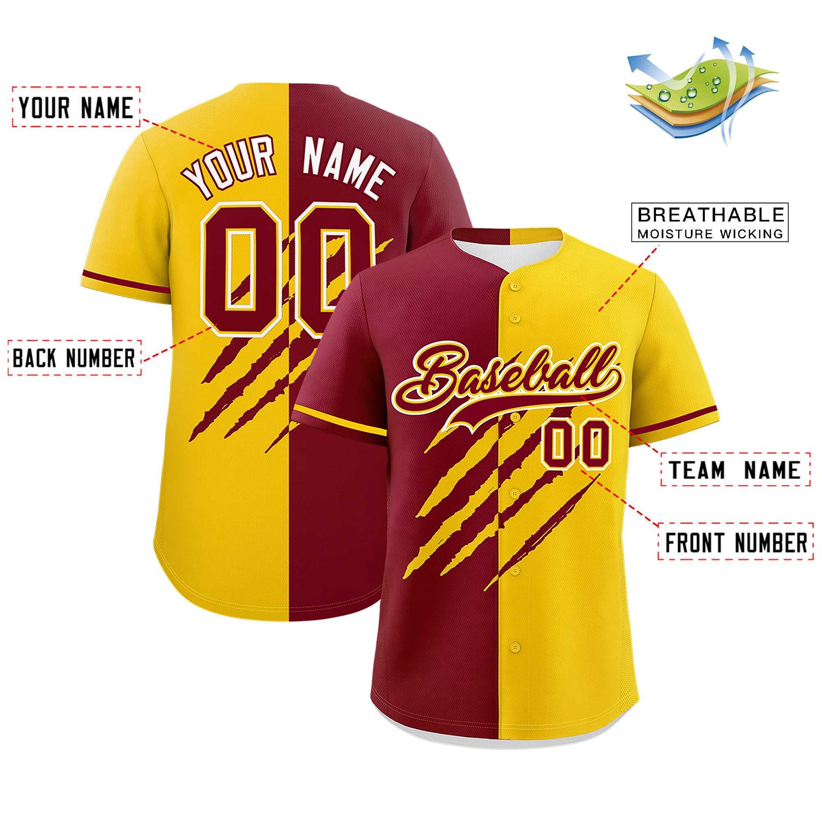Custom Crimson Gold Split Tiger Claw Scratch Pattern Baseball Jersey