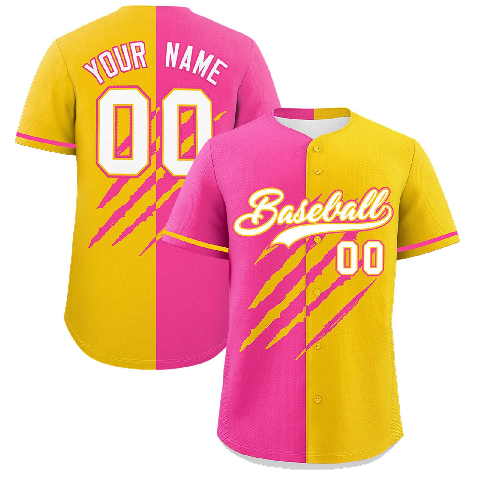 Custom Pink Gold Split Tiger Claw Scratch Pattern Baseball Jersey