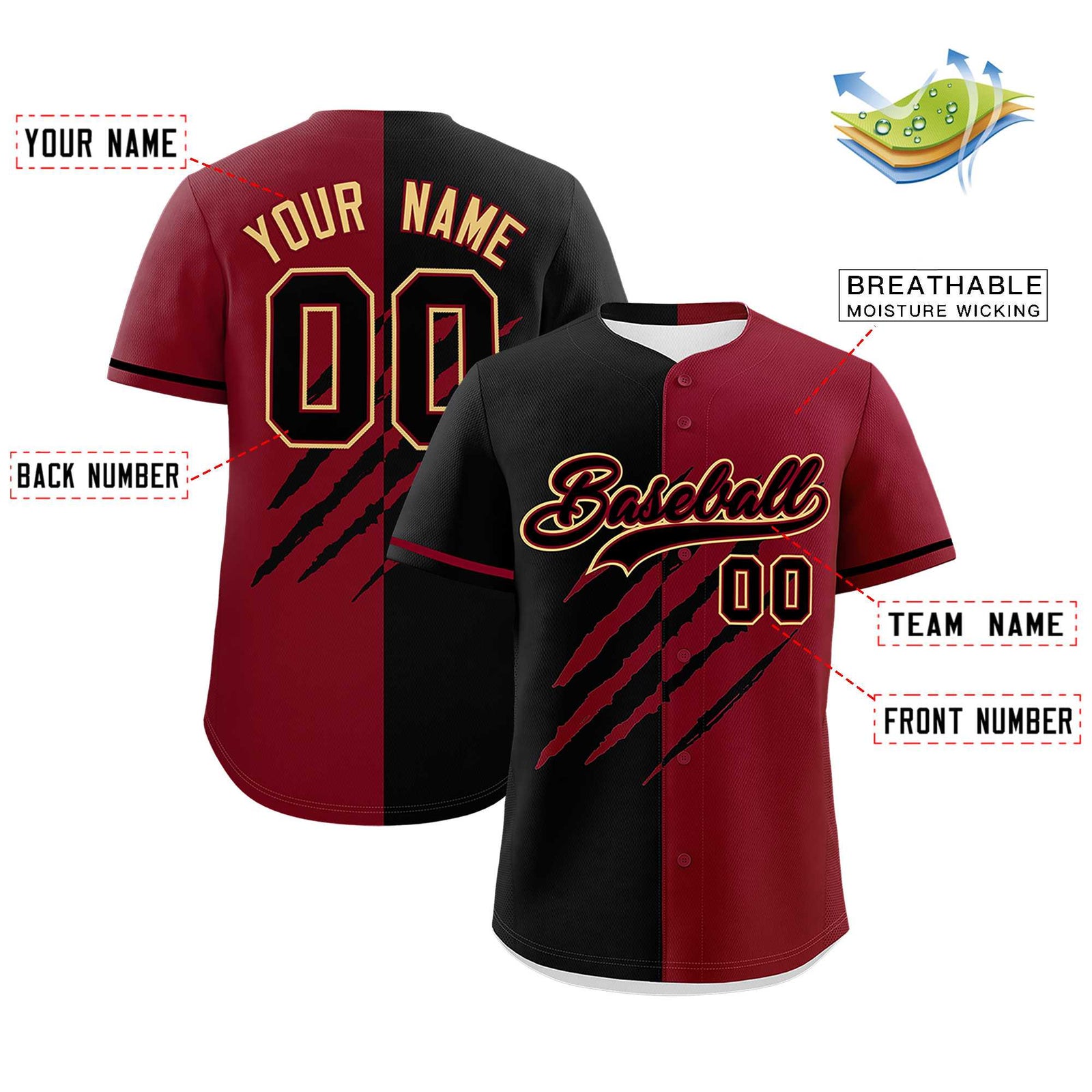 Custom Black Crimson Split Tiger Claw Scratch Pattern Baseball Jersey
