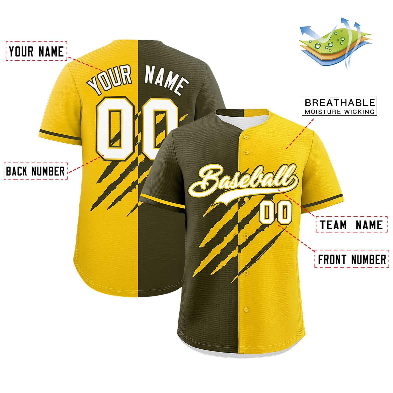 Custom Olive Gold Split Tiger Claw Scratch Pattern Baseball Jersey